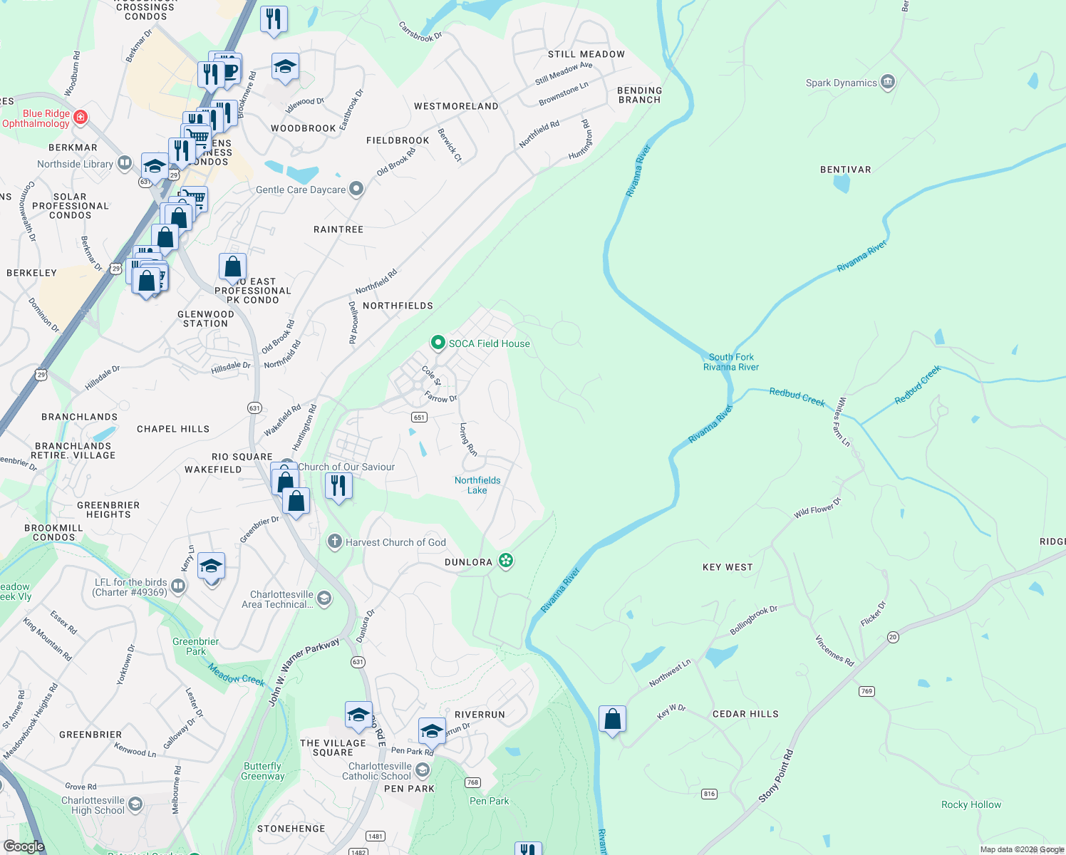 map of restaurants, bars, coffee shops, grocery stores, and more near 1277 Dunlora Drive in Charlottesville