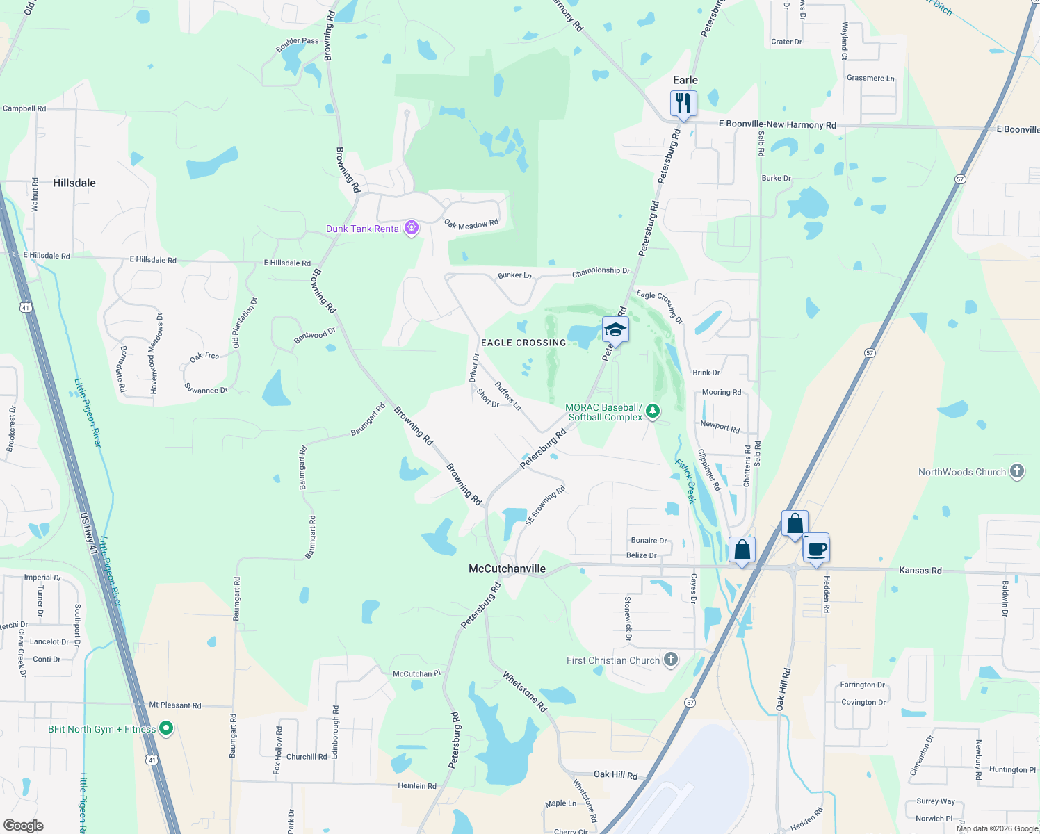 map of restaurants, bars, coffee shops, grocery stores, and more near 2133 Duffers Ln in Evansville