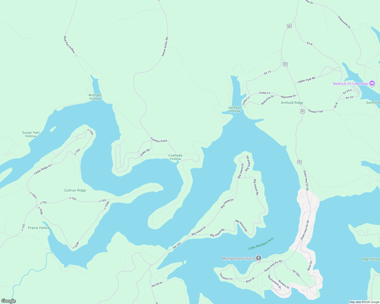 map of restaurants, bars, coffee shops, grocery stores, and more near 1-233 Island View Lane in Camdenton