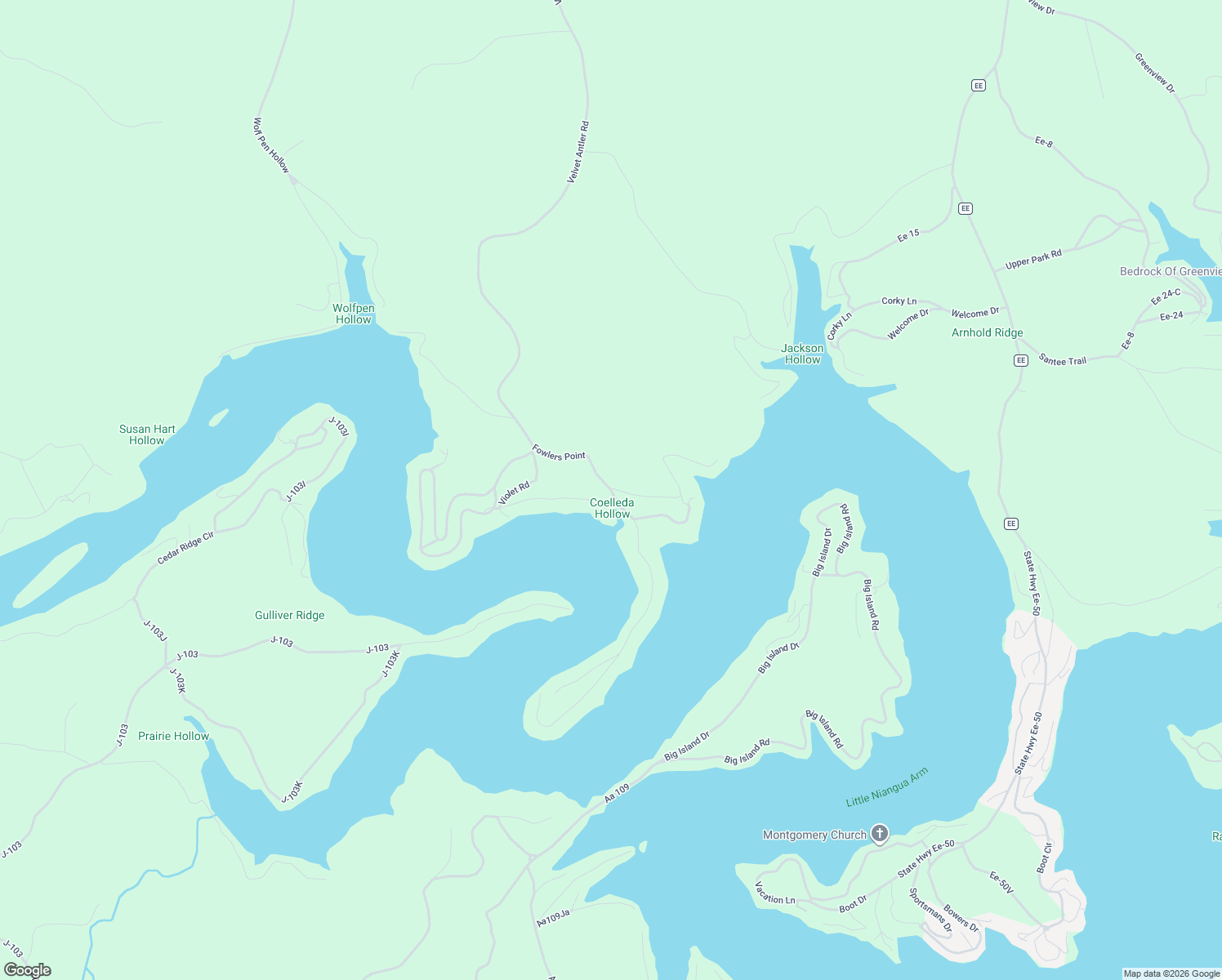 map of restaurants, bars, coffee shops, grocery stores, and more near 1 Island View Lane in Camdenton