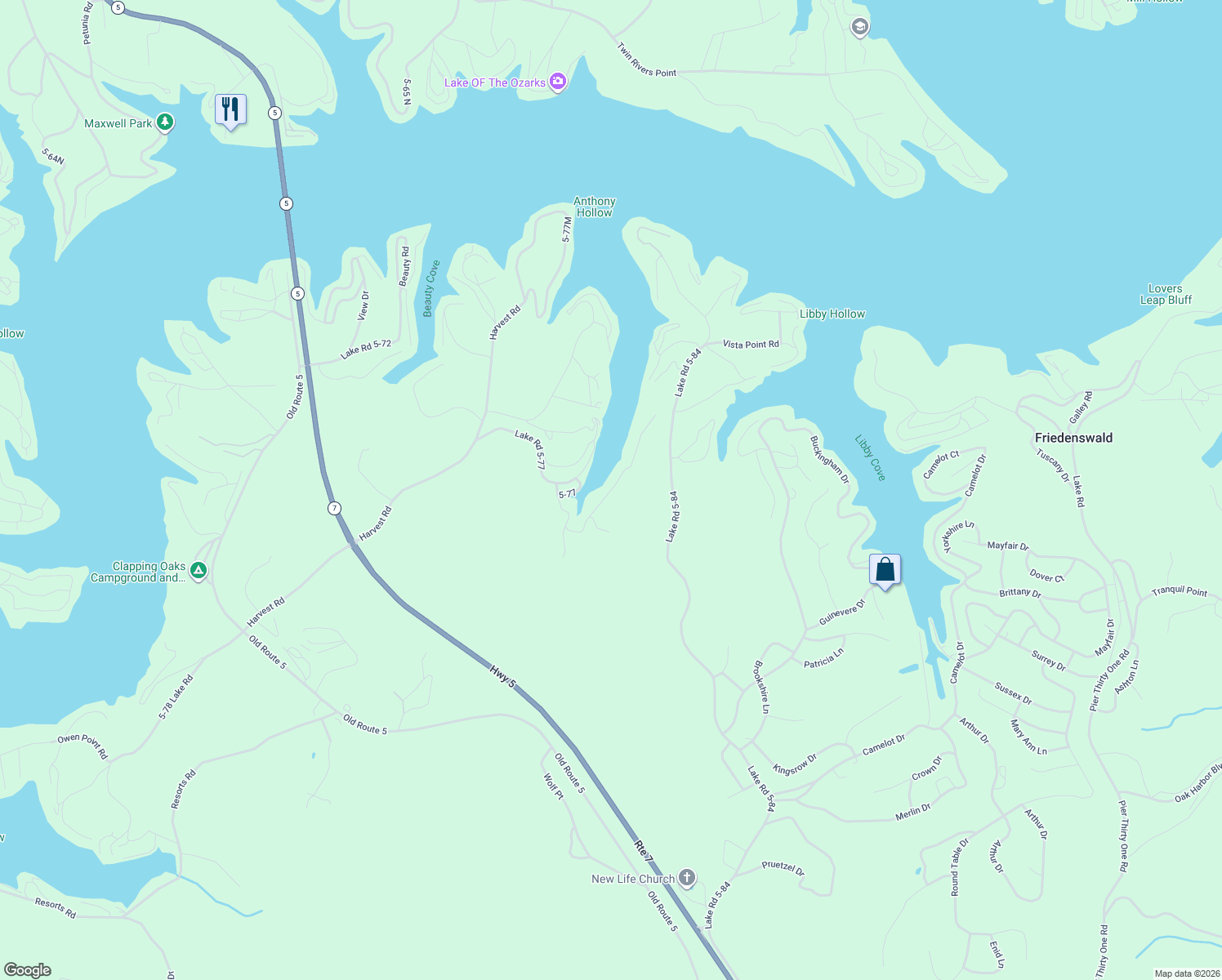 map of restaurants, bars, coffee shops, grocery stores, and more near Anthony Cove Road in Camdenton