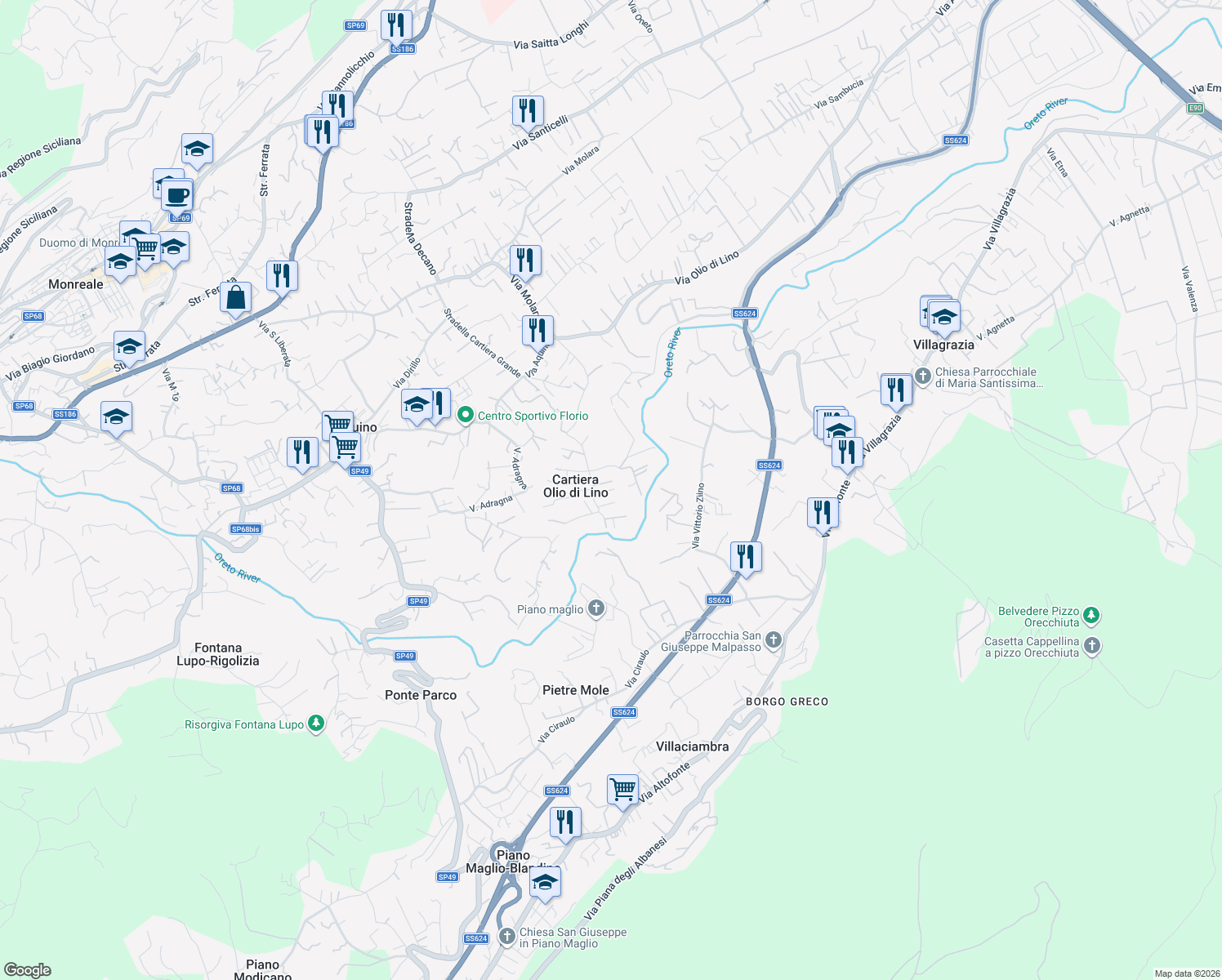 map of restaurants, bars, coffee shops, grocery stores, and more near 42 Contrada Cavallacci in Case Adragna