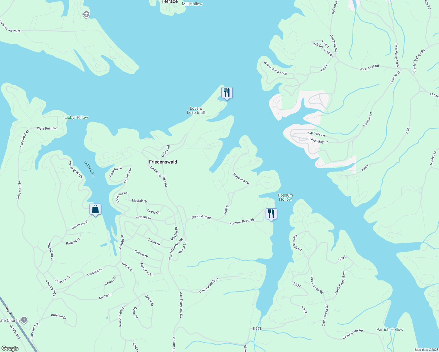 map of restaurants, bars, coffee shops, grocery stores, and more near 5-89Uf in Camdenton