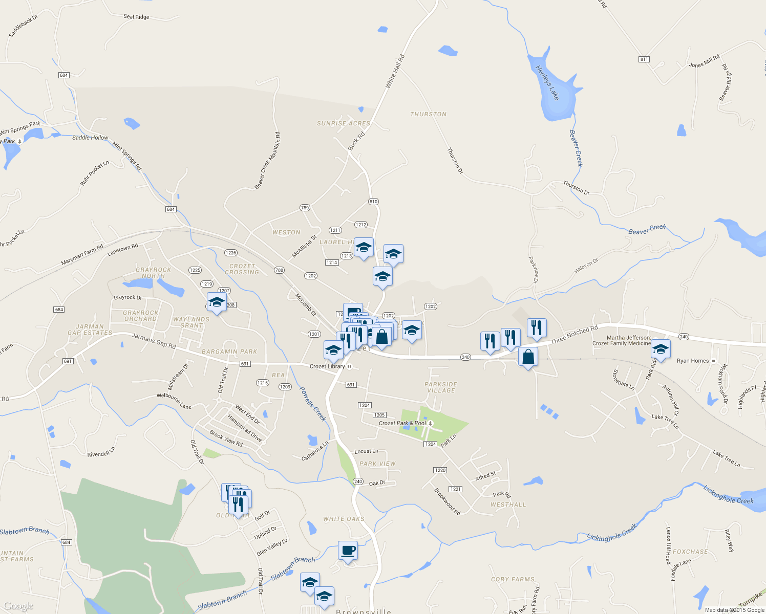 map of restaurants, bars, coffee shops, grocery stores, and more near 1335 Crozet Avenue in Crozet