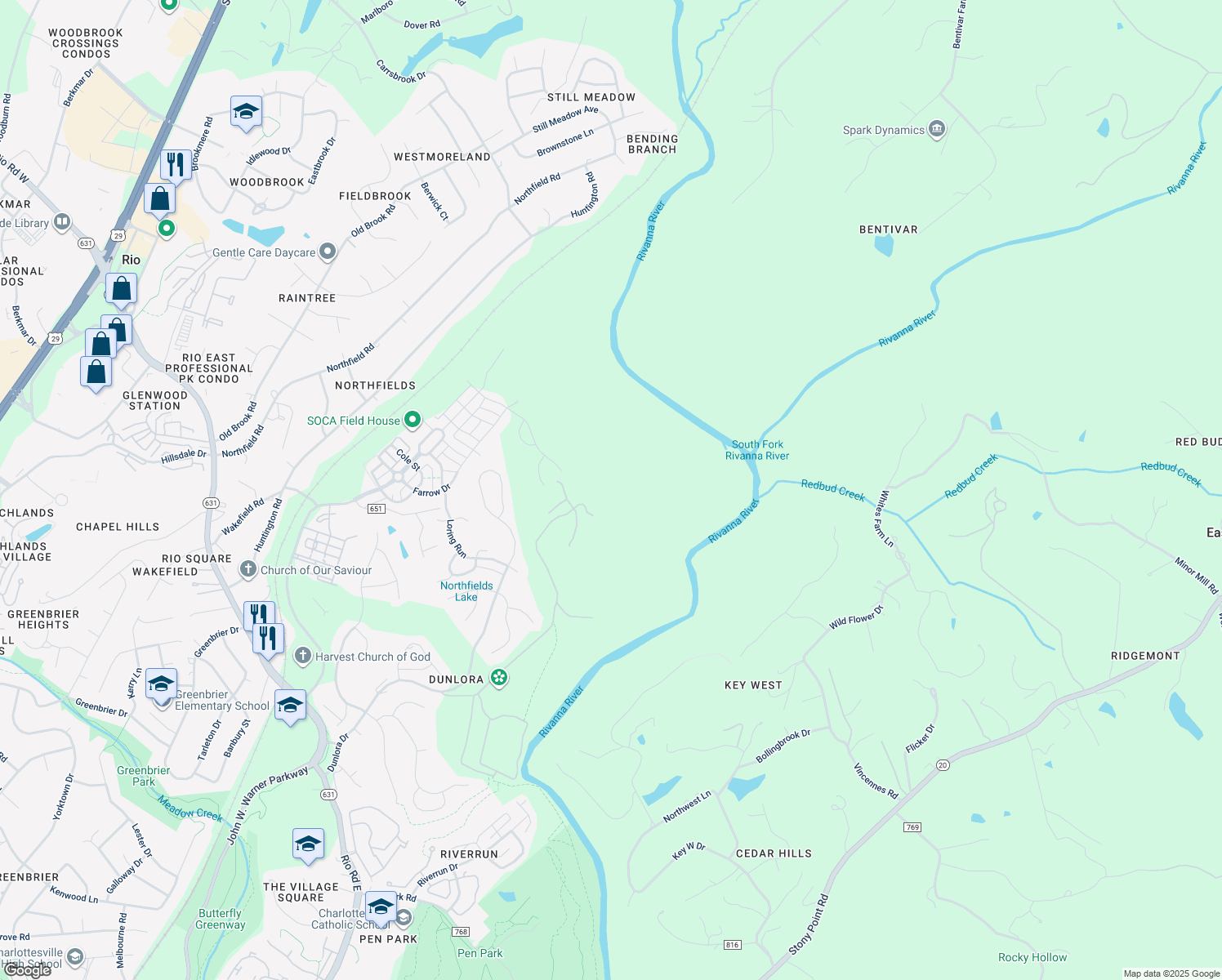 map of restaurants, bars, coffee shops, grocery stores, and more near in Charlottesville