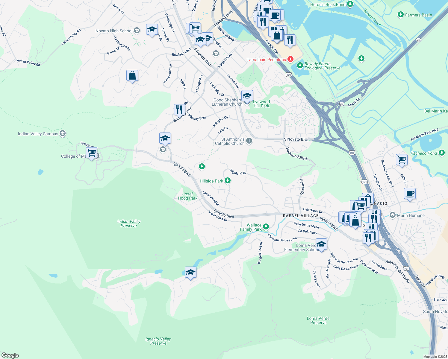 map of restaurants, bars, coffee shops, grocery stores, and more near 1247 Highland Dr in Novato