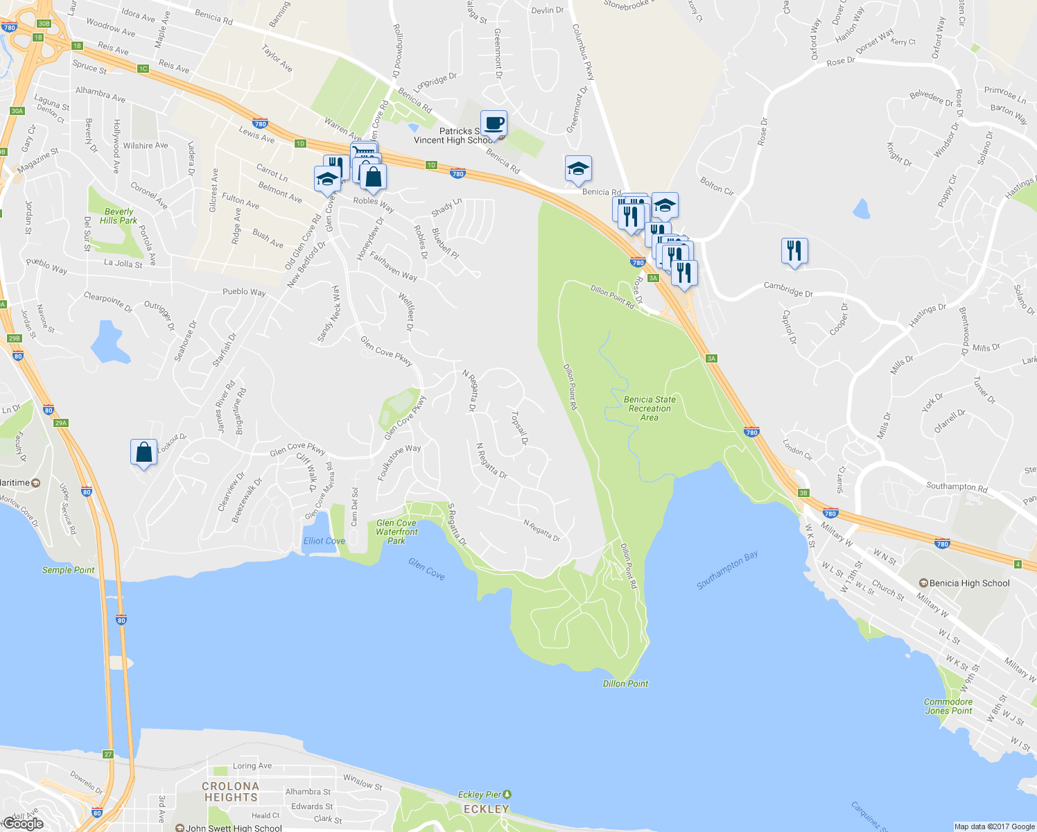 map of restaurants, bars, coffee shops, grocery stores, and more near 770 Topsail Dr in Vallejo