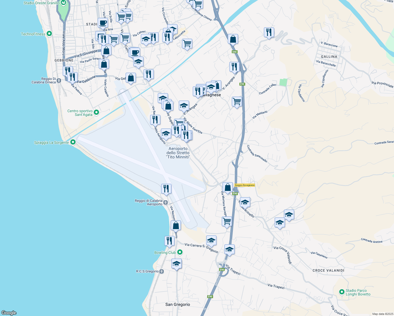 map of restaurants, bars, coffee shops, grocery stores, and more near 255 Via Ravagnese Superiore in Reggio Calabria