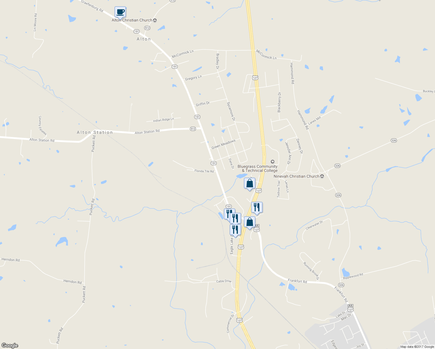 map of restaurants, bars, coffee shops, grocery stores, and more near 1210 Alton Road in Lawrenceburg