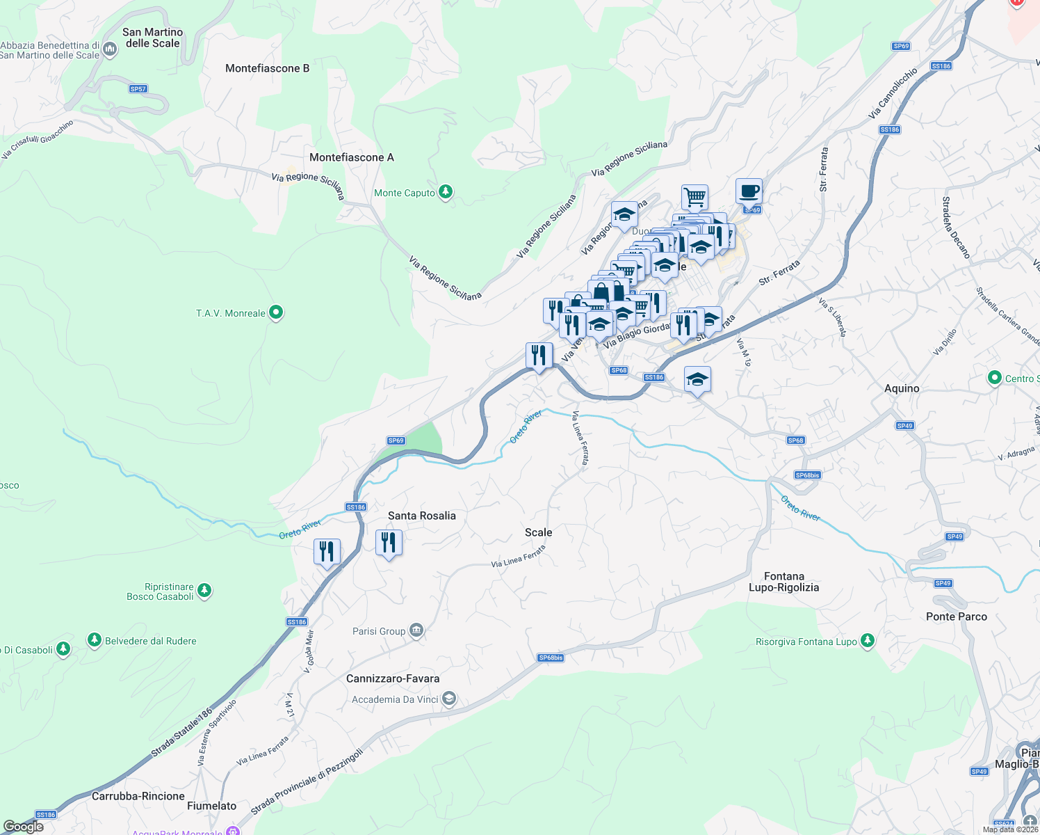 map of restaurants, bars, coffee shops, grocery stores, and more near 2 Via Serra Paratore in Monreale