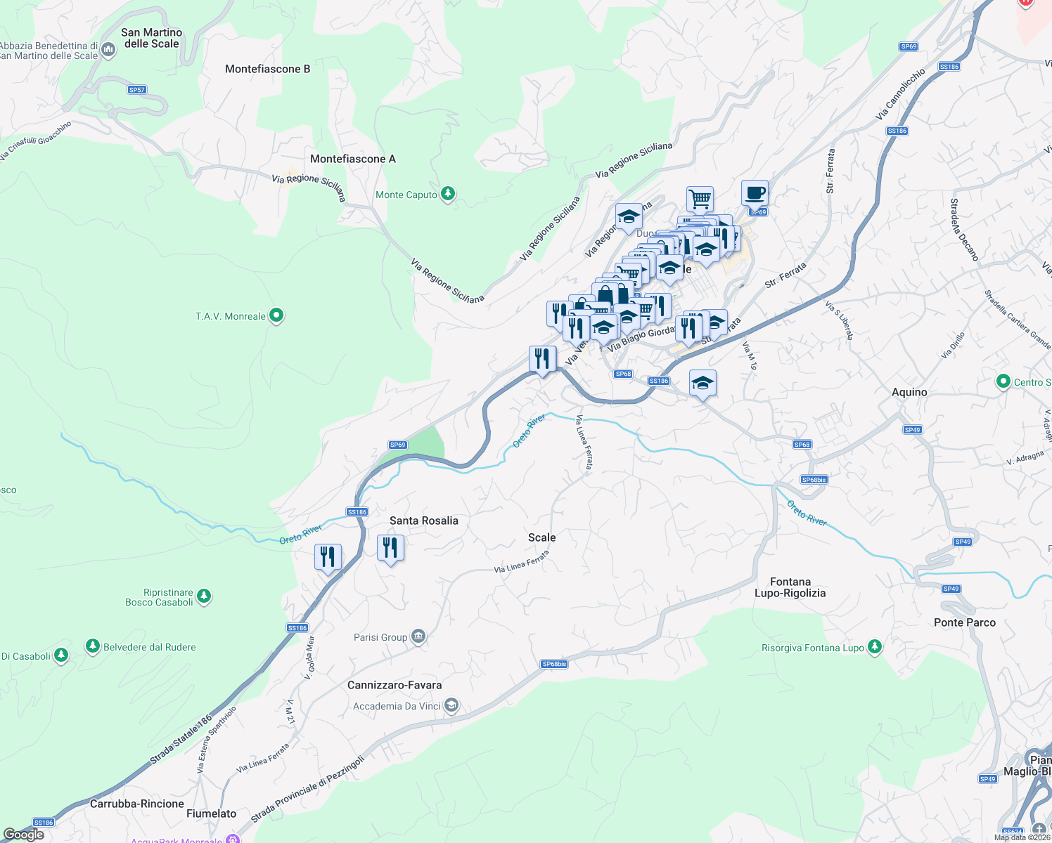 map of restaurants, bars, coffee shops, grocery stores, and more near 2 Via Serra Paratore in Monreale