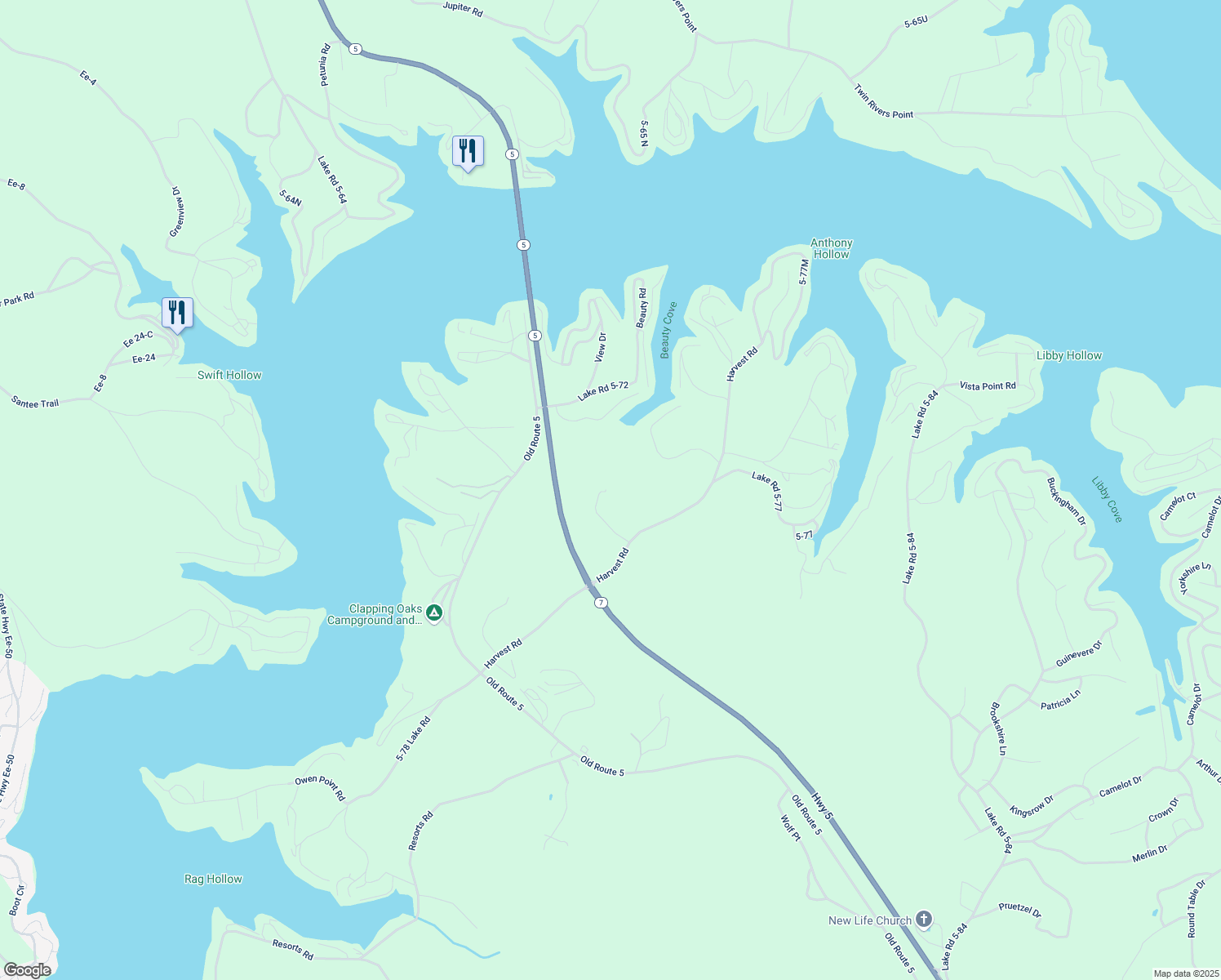 map of restaurants, bars, coffee shops, grocery stores, and more near Harvest Road in Camdenton