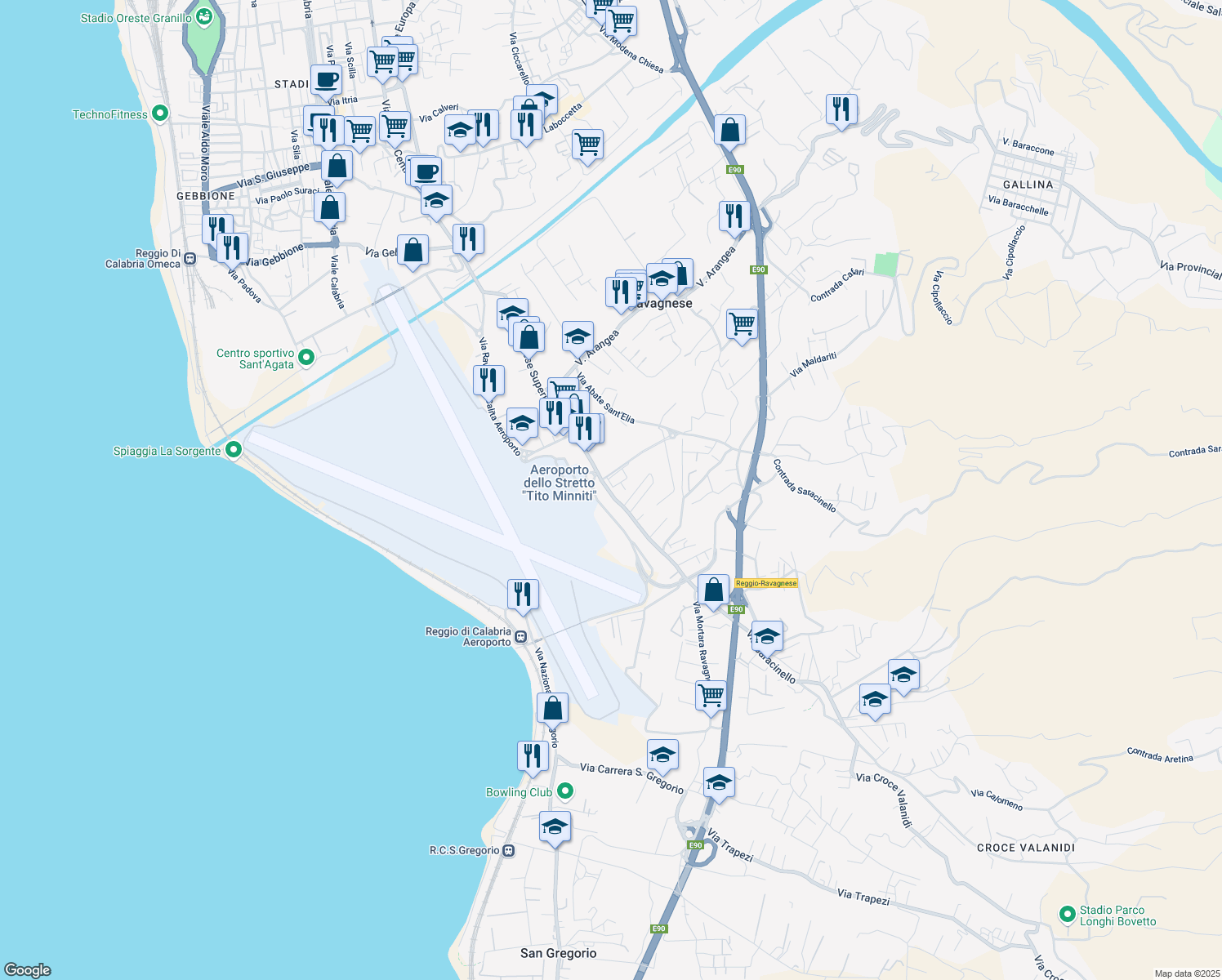 map of restaurants, bars, coffee shops, grocery stores, and more near 255 Via Ravagnese Superiore in Reggio Calabria