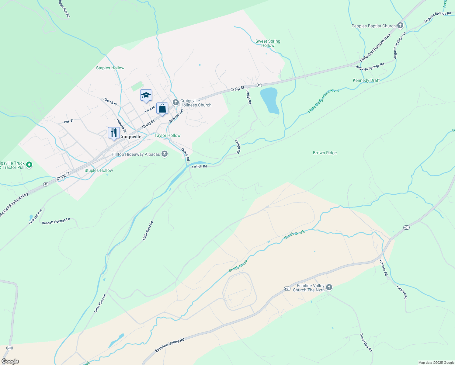 map of restaurants, bars, coffee shops, grocery stores, and more near 109 Eagle Ridge Lane in Craigsville