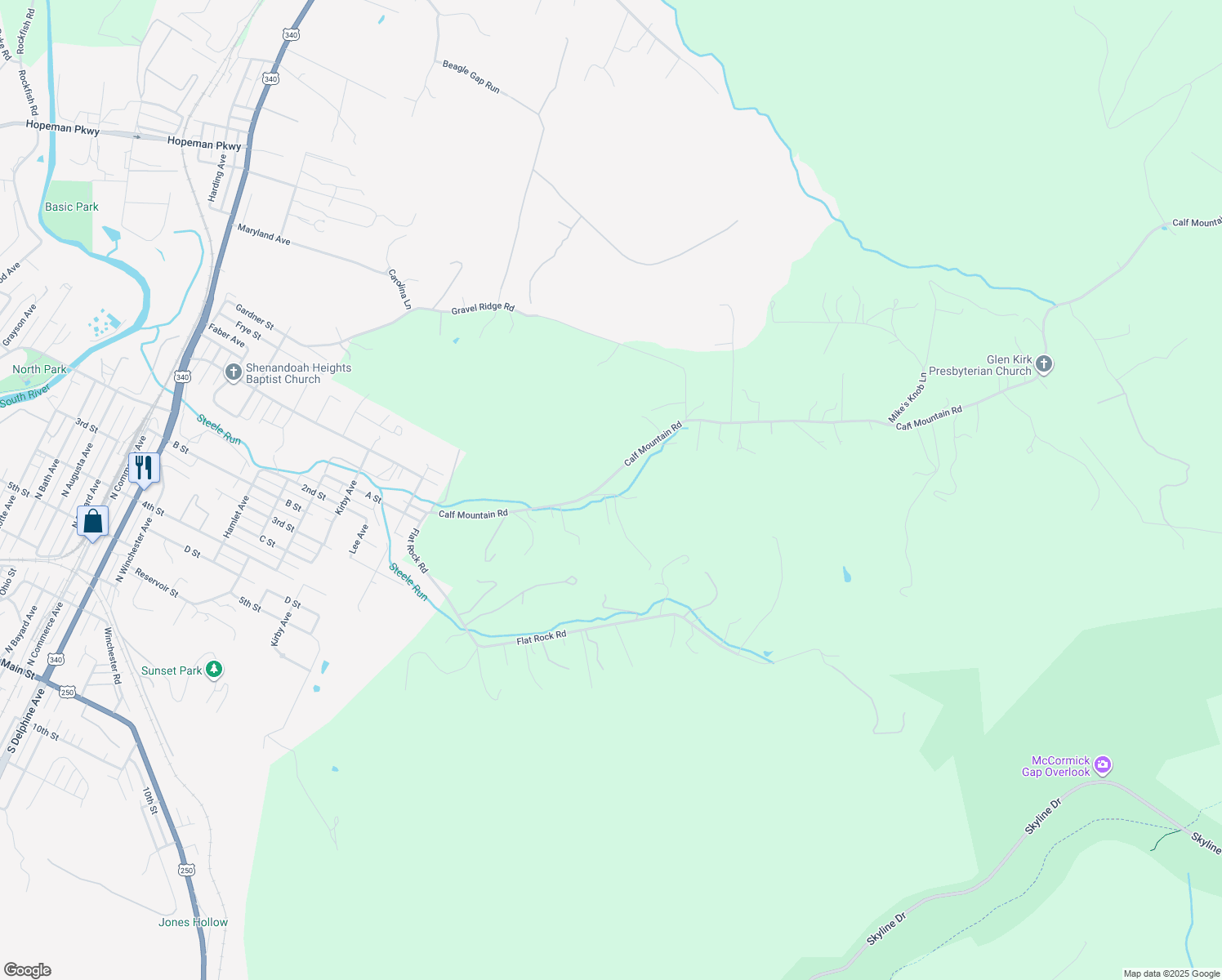 map of restaurants, bars, coffee shops, grocery stores, and more near 237 Calf Mountain Road in Waynesboro