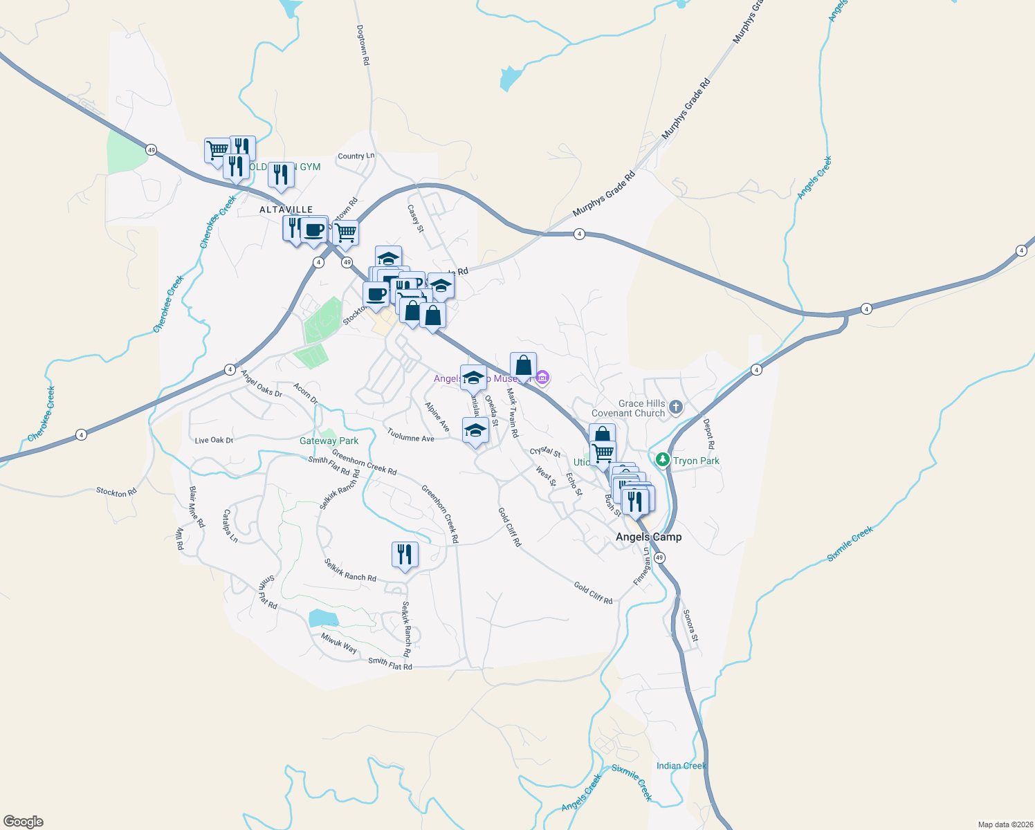 map of restaurants, bars, coffee shops, grocery stores, and more near 775 Mark Twain Road in Angels Camp