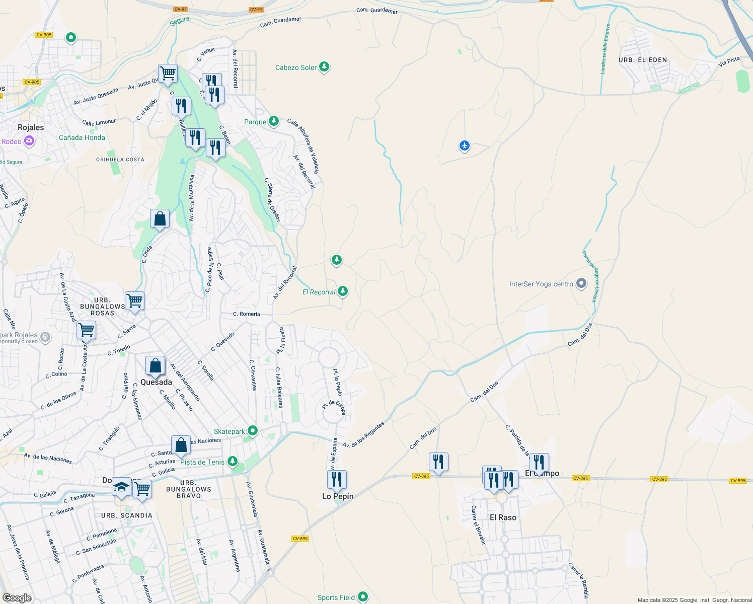 map of restaurants, bars, coffee shops, grocery stores, and more near in Quesada