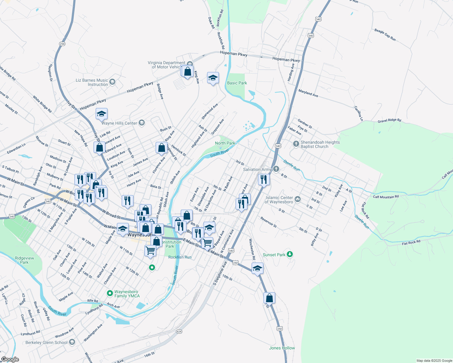map of restaurants, bars, coffee shops, grocery stores, and more near 557 North Bath Avenue in Waynesboro