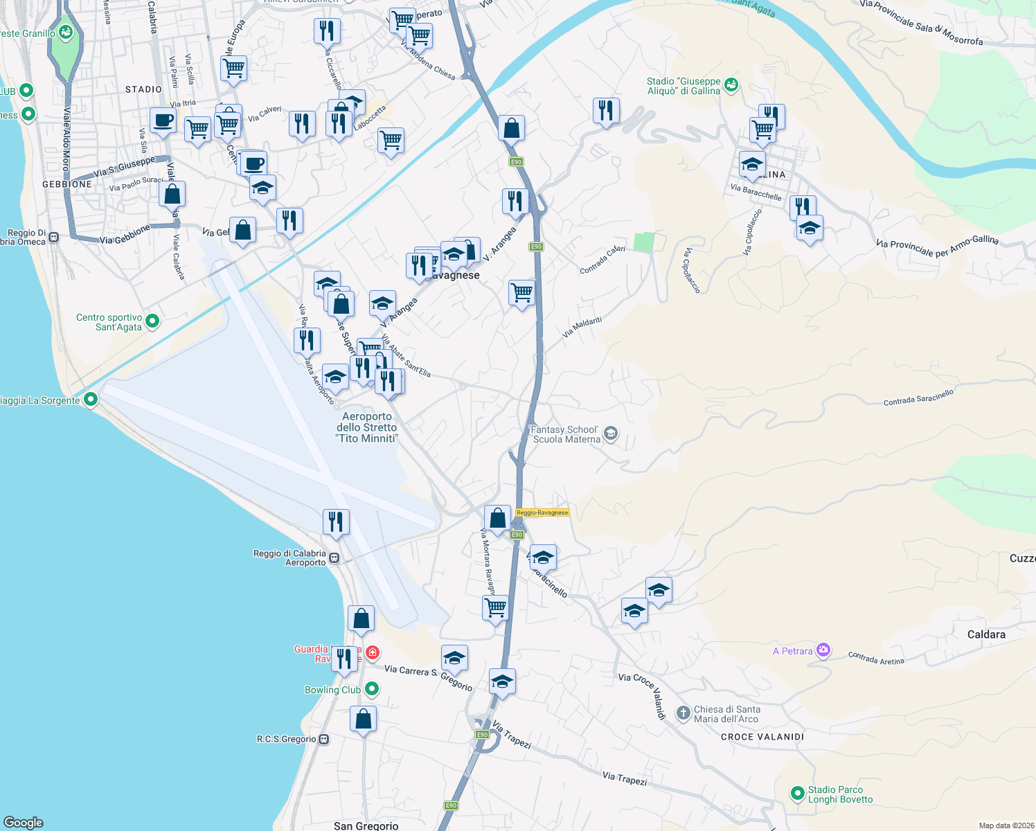 map of restaurants, bars, coffee shops, grocery stores, and more near 156-160 Via Abate Sant'Elia in Reggio Calabria
