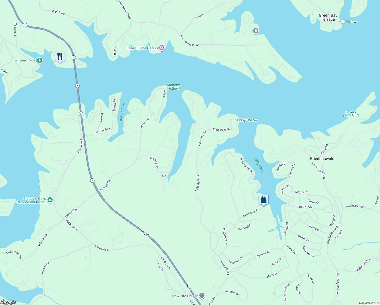 map of restaurants, bars, coffee shops, grocery stores, and more near Anthony Cove Road in Camdenton