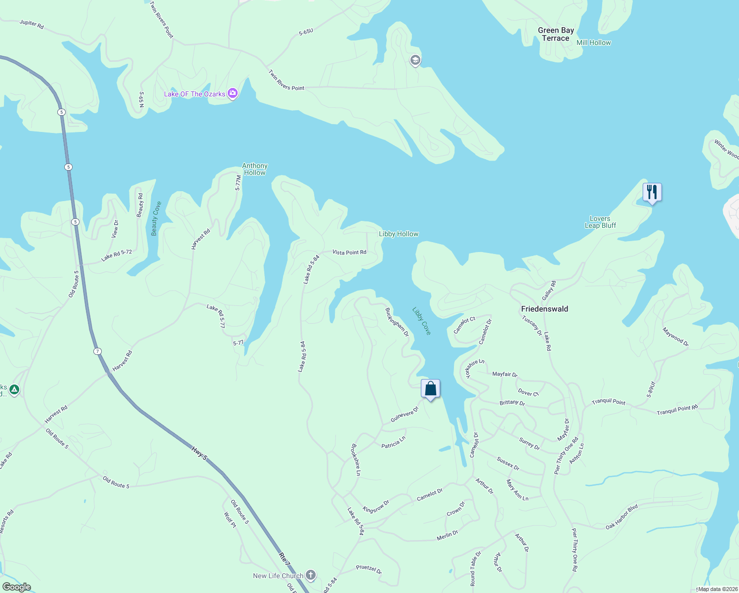 map of restaurants, bars, coffee shops, grocery stores, and more near 948 Buckingham Drive in Camdenton