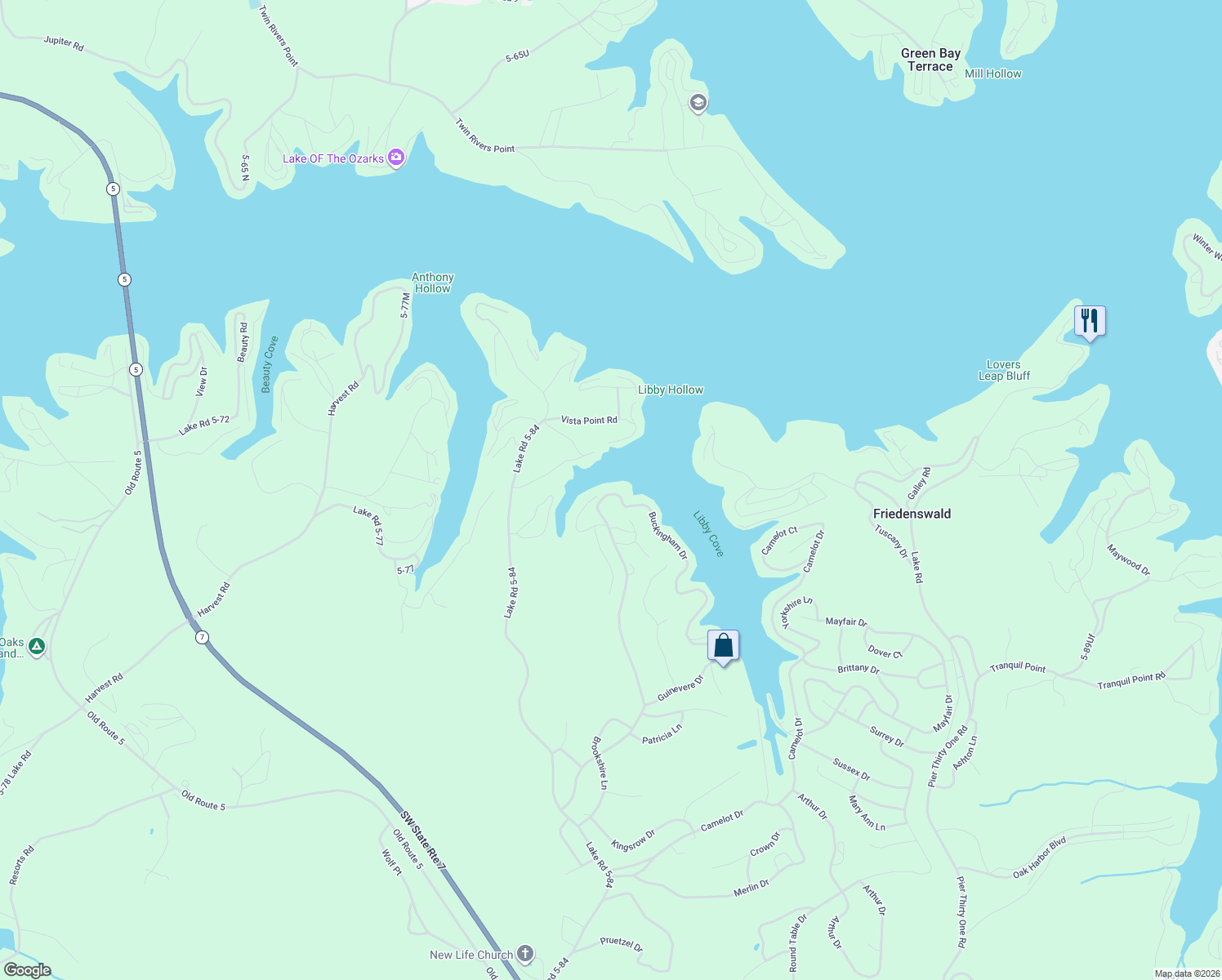 map of restaurants, bars, coffee shops, grocery stores, and more near 948 Buckingham Drive in Camdenton