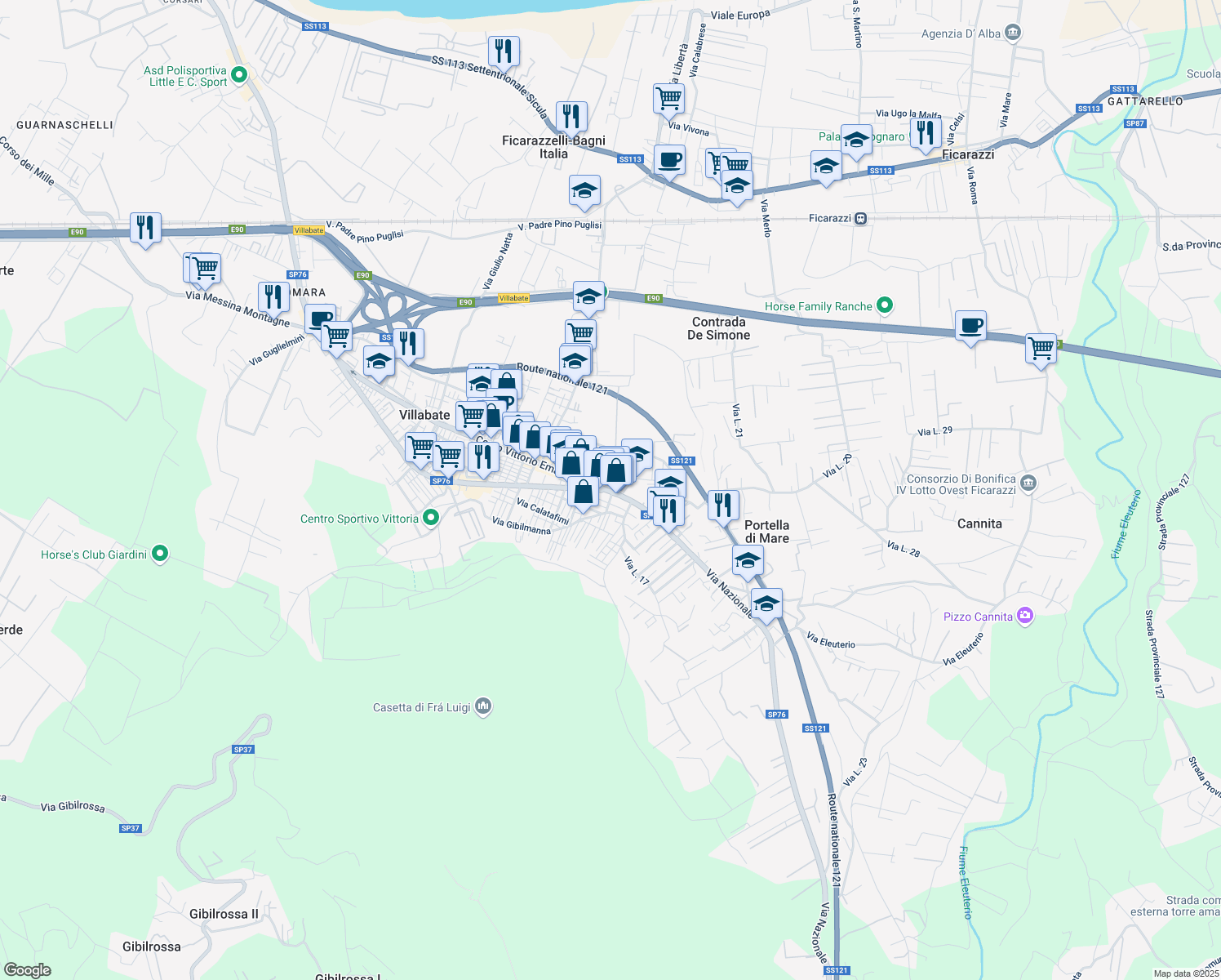 map of restaurants, bars, coffee shops, grocery stores, and more near 614 Corso Vittorio Emanuele in Villabate