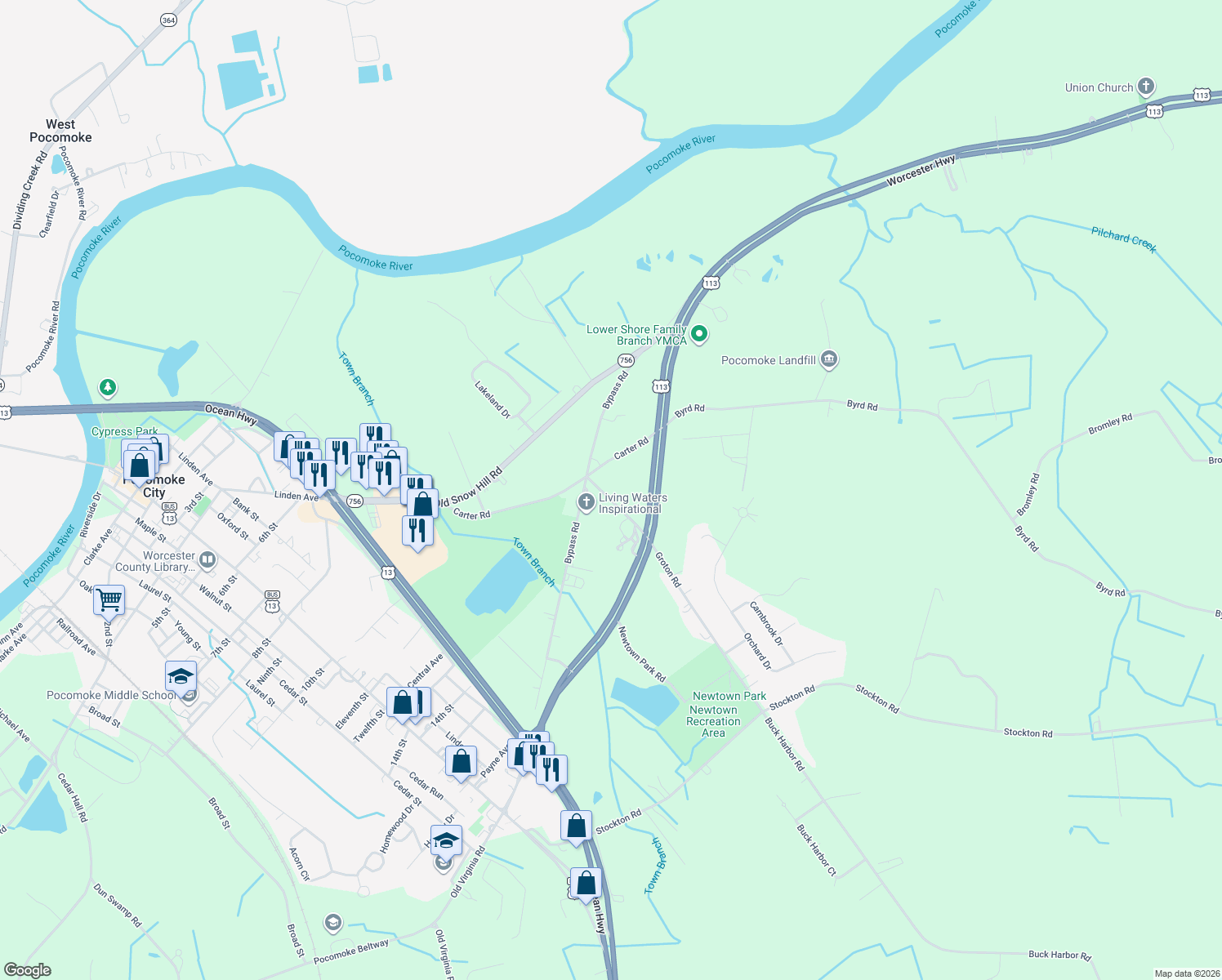 map of restaurants, bars, coffee shops, grocery stores, and more near 2262 Groton Road in Pocomoke City
