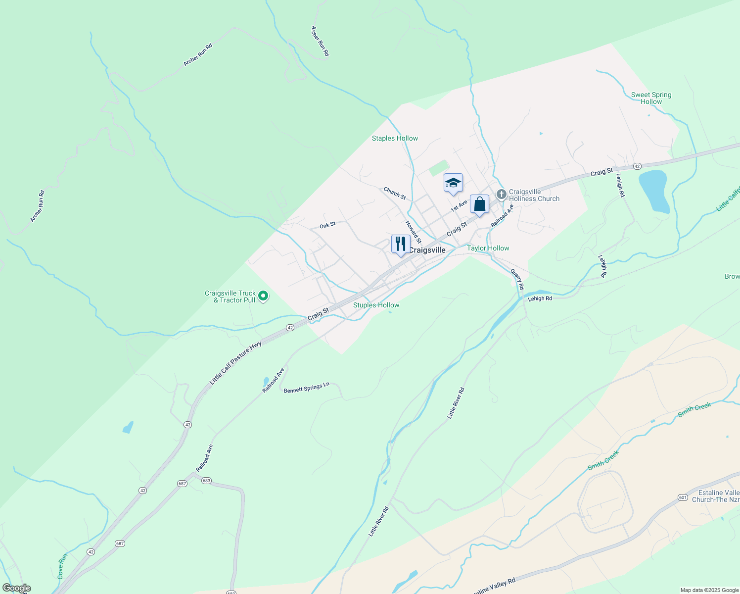 map of restaurants, bars, coffee shops, grocery stores, and more near 210 Railroad Avenue in Craigsville