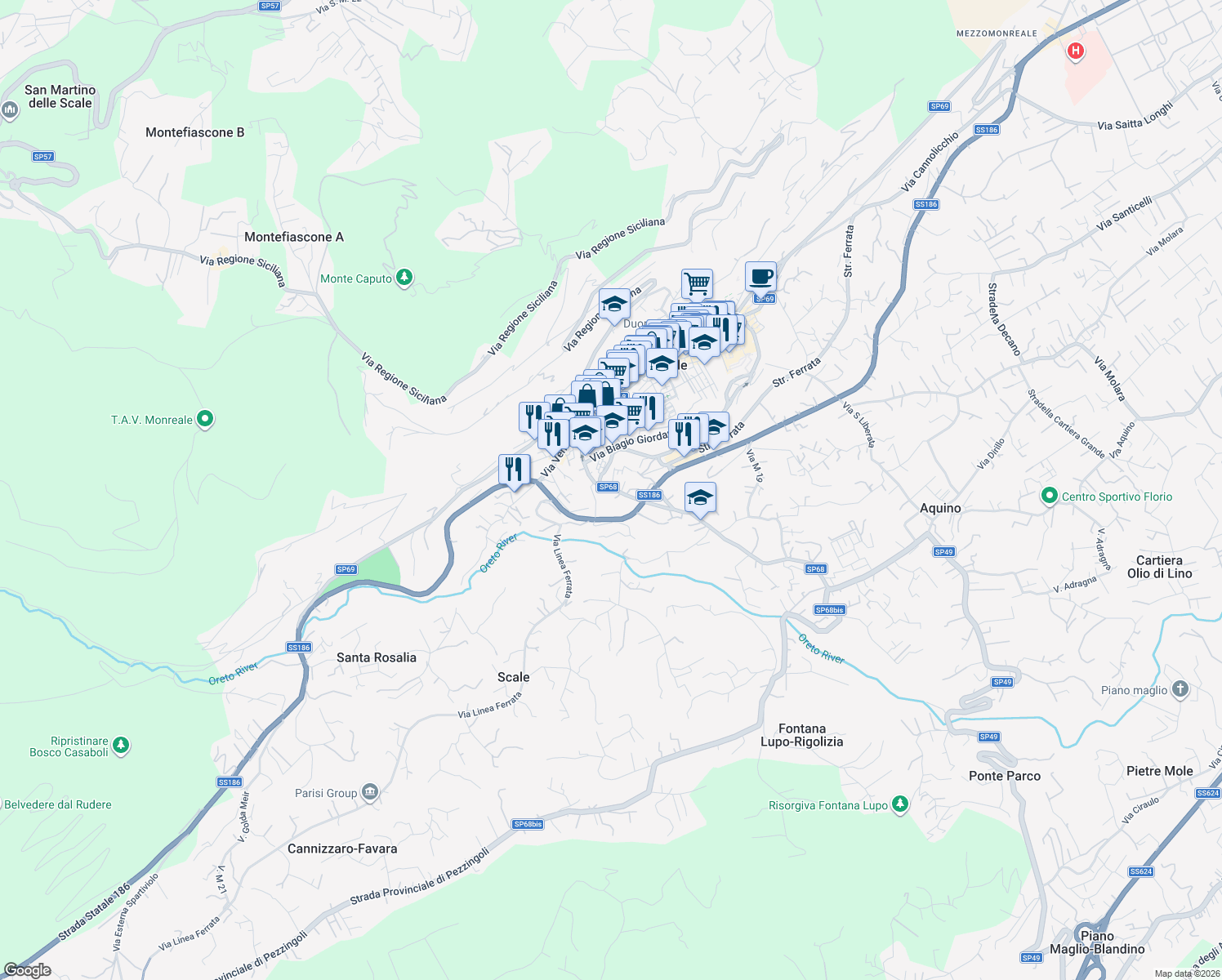 map of restaurants, bars, coffee shops, grocery stores, and more near 45 Via Aldo Moro in Monreale