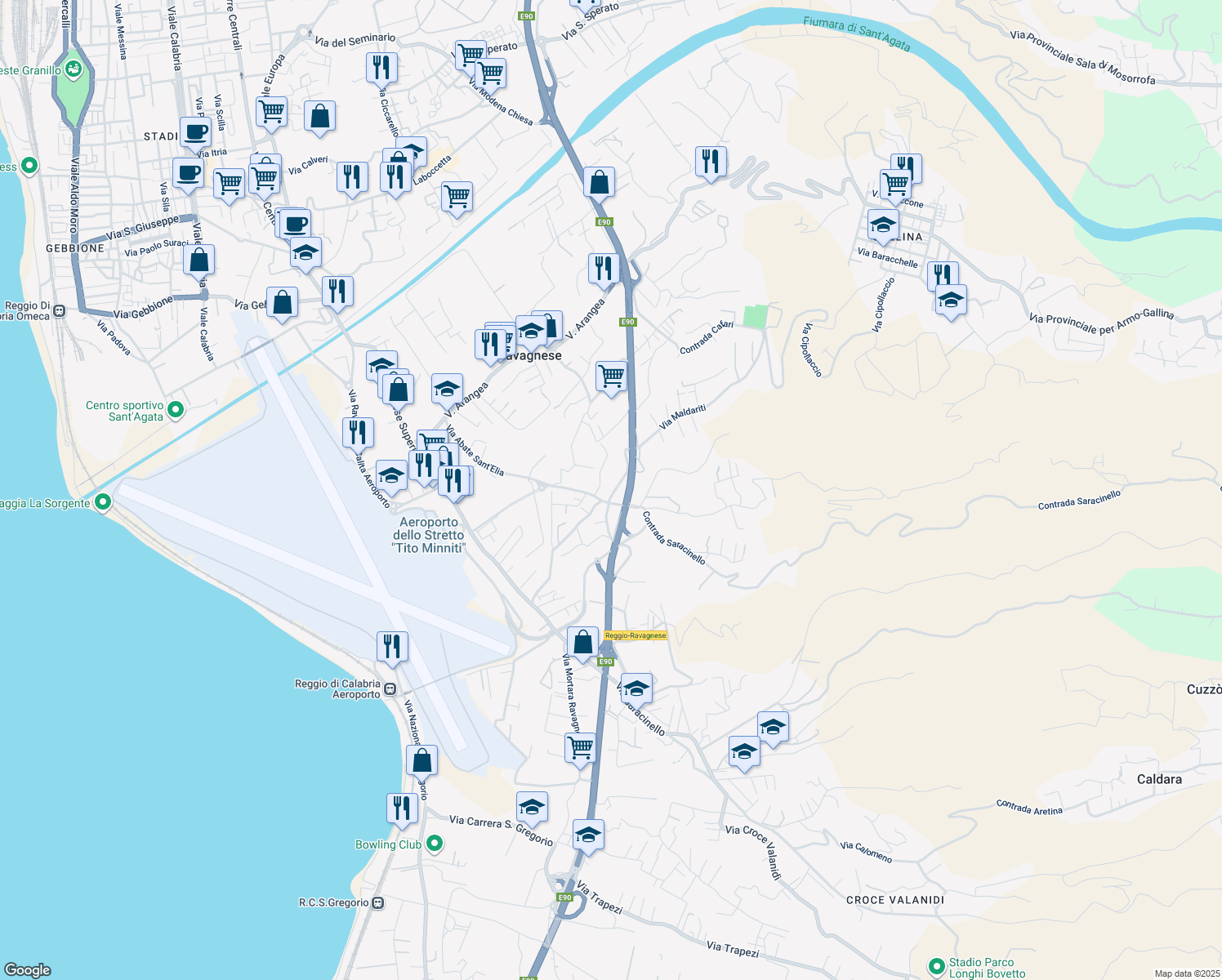 map of restaurants, bars, coffee shops, grocery stores, and more near 7 Via Maldariti in Reggio Calabria