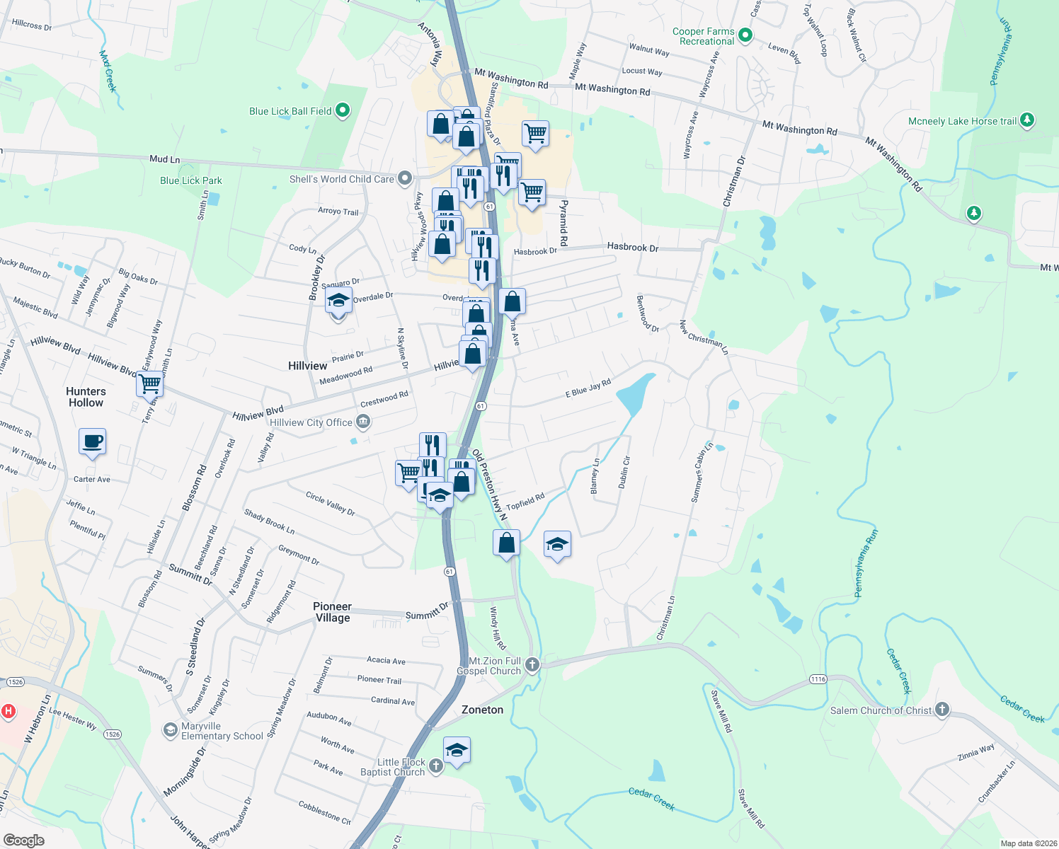 map of restaurants, bars, coffee shops, grocery stores, and more near 100 Dewberry Road in Louisville