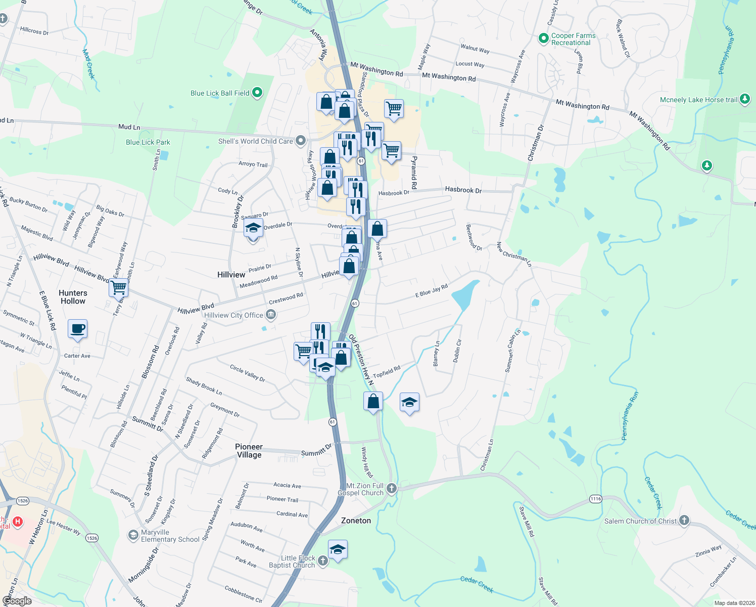 map of restaurants, bars, coffee shops, grocery stores, and more near 270 East Blue Jay Road in Louisville