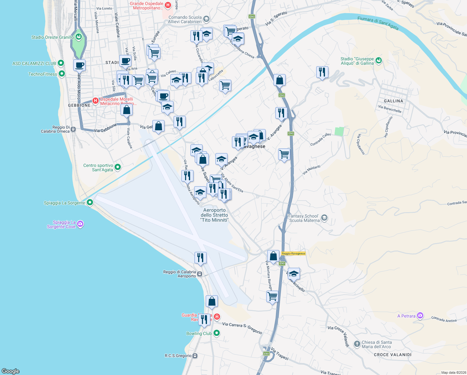 map of restaurants, bars, coffee shops, grocery stores, and more near Via Abate S. Elia traversa II in Reggio Calabria