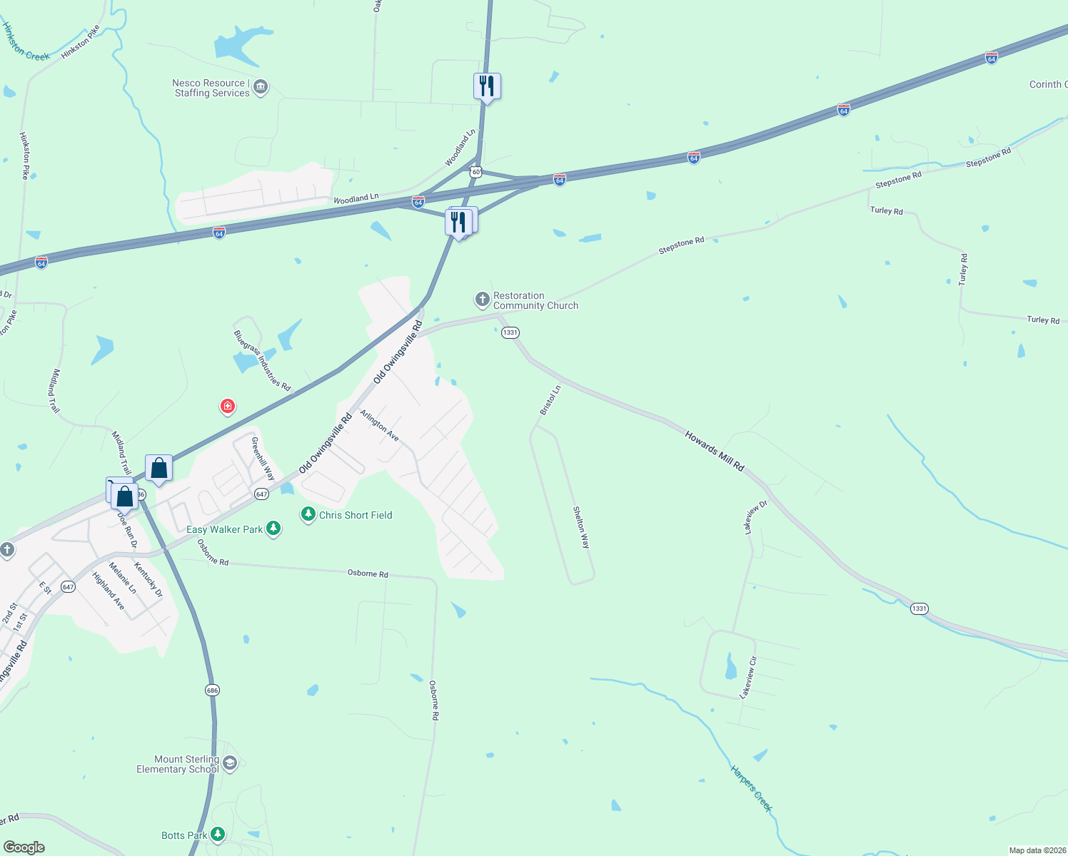 map of restaurants, bars, coffee shops, grocery stores, and more near 124 Bristol Lane in Mount Sterling