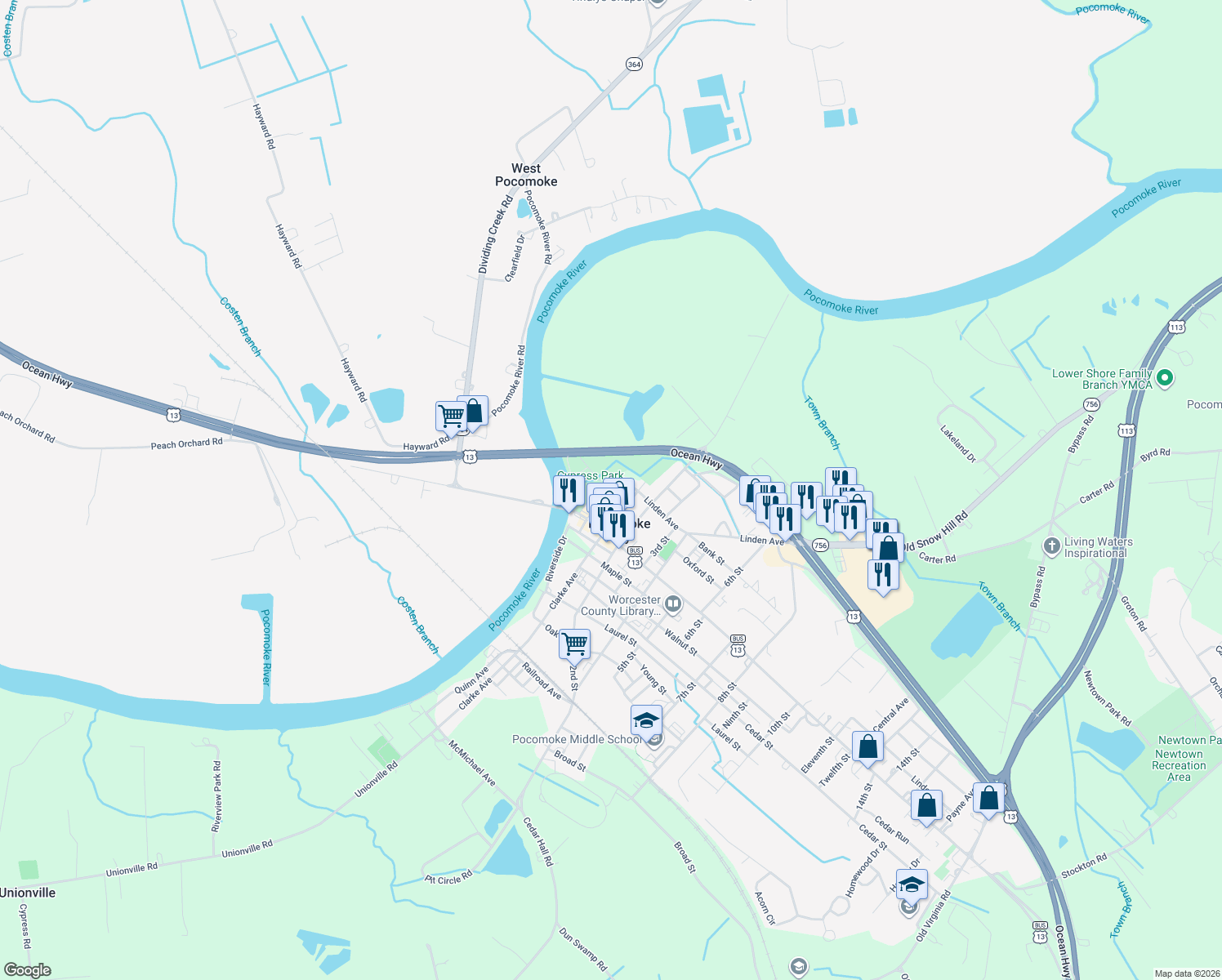 map of restaurants, bars, coffee shops, grocery stores, and more near 14 Front Street in Pocomoke City