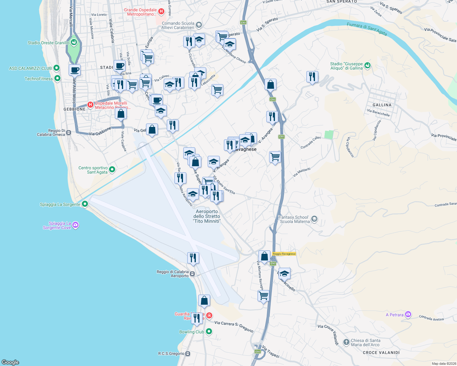 map of restaurants, bars, coffee shops, grocery stores, and more near Via Abate San Elia traversa II in Reggio Calabria