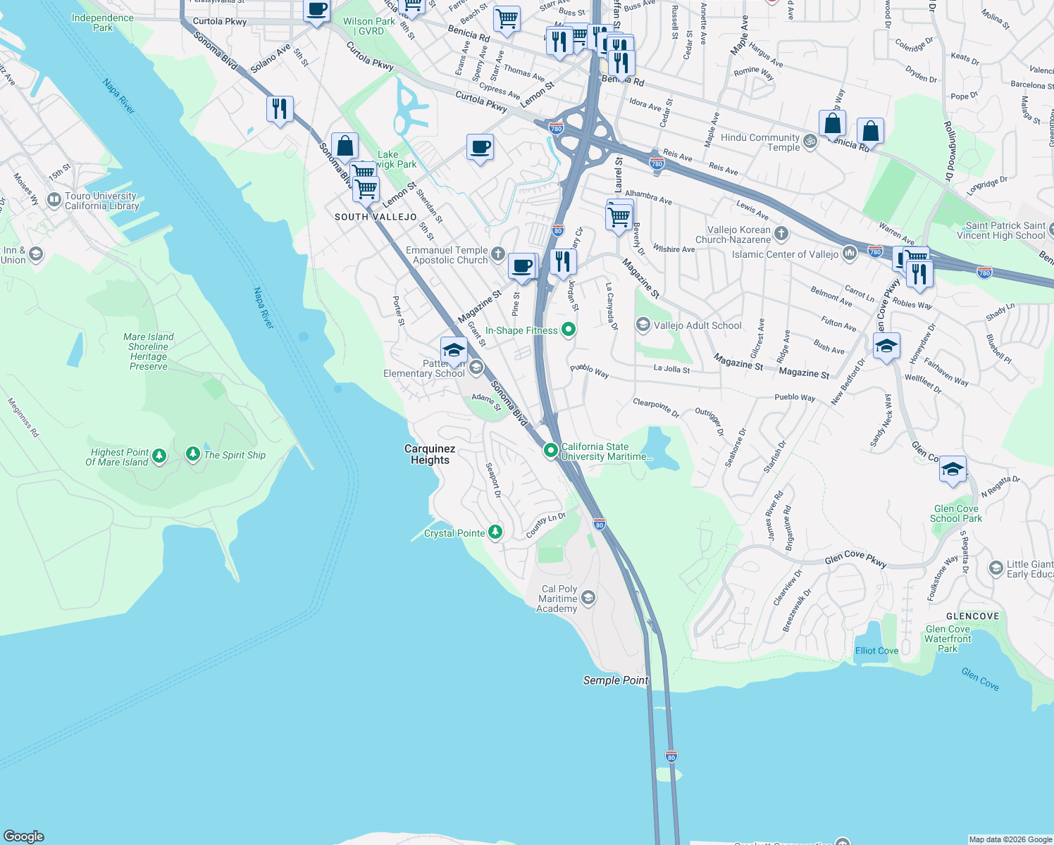 map of restaurants, bars, coffee shops, grocery stores, and more near 2 Sonoma Boulevard in Vallejo