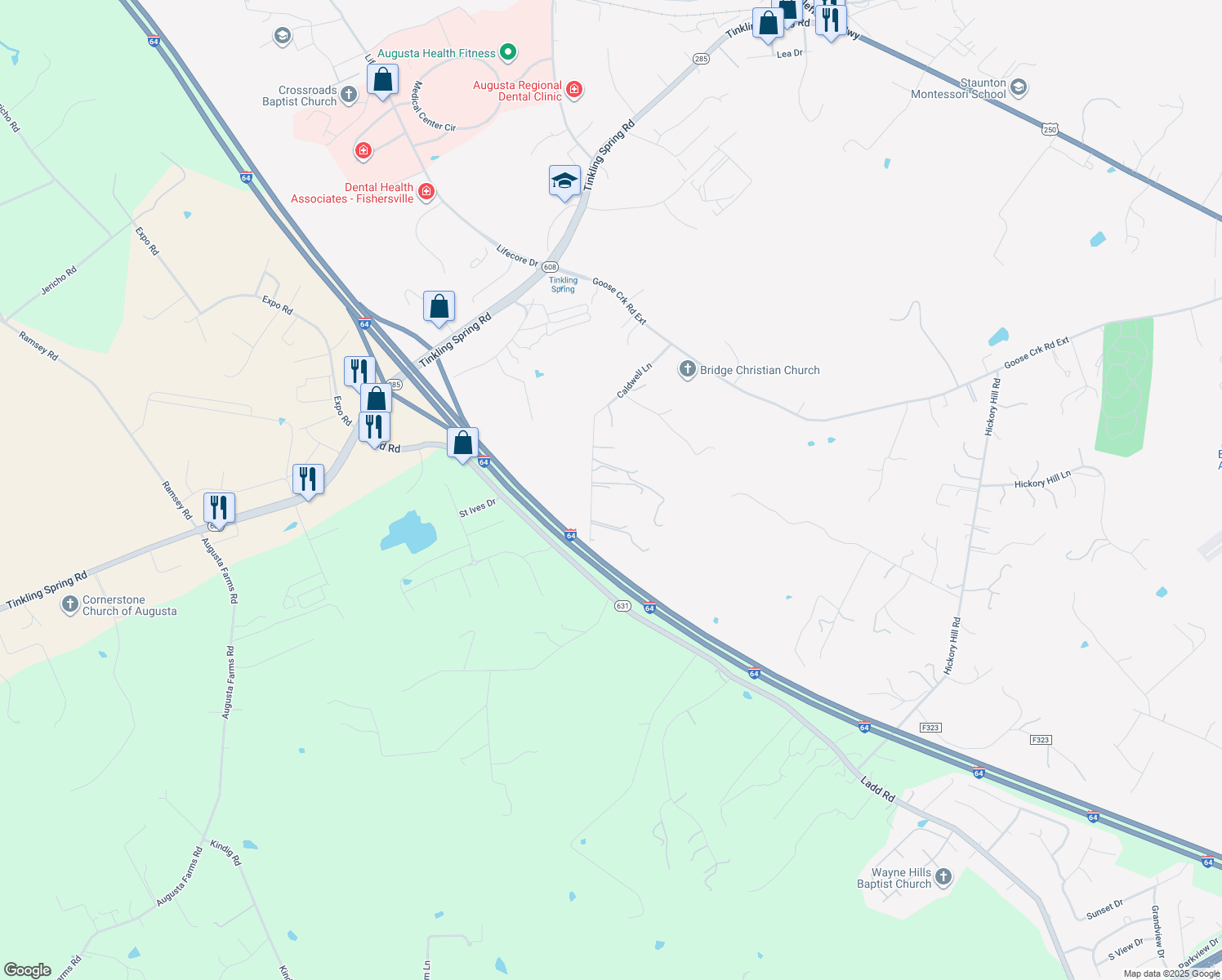 map of restaurants, bars, coffee shops, grocery stores, and more near 204 Caldwell Lane in Fishersville
