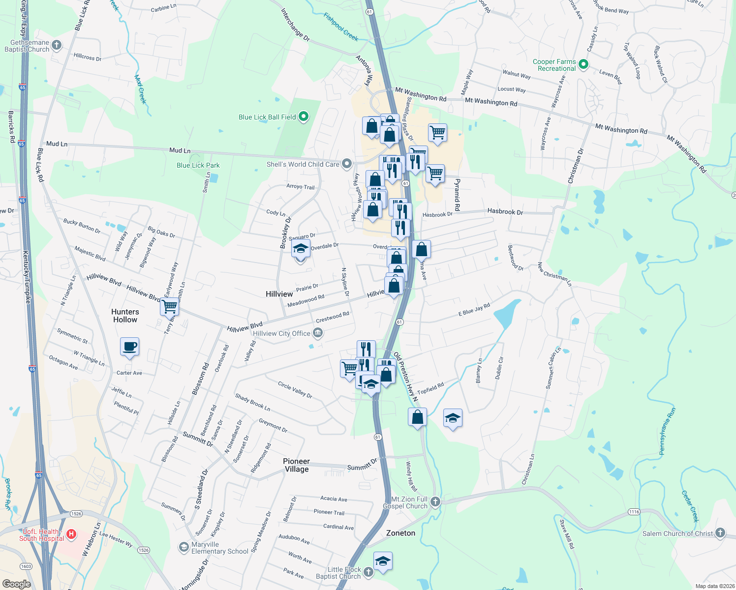 map of restaurants, bars, coffee shops, grocery stores, and more near 286 Hillview Boulevard in Louisville
