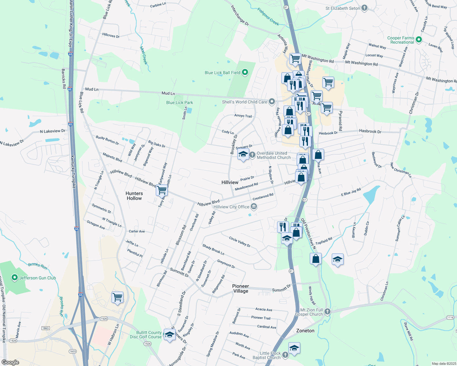 map of restaurants, bars, coffee shops, grocery stores, and more near 570 Prairie Drive in Louisville