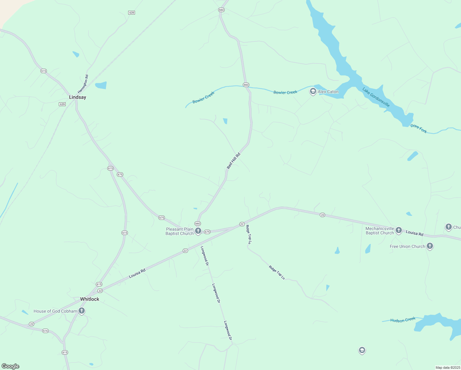 map of restaurants, bars, coffee shops, grocery stores, and more near 396 Red Hill Road in Gordonsville