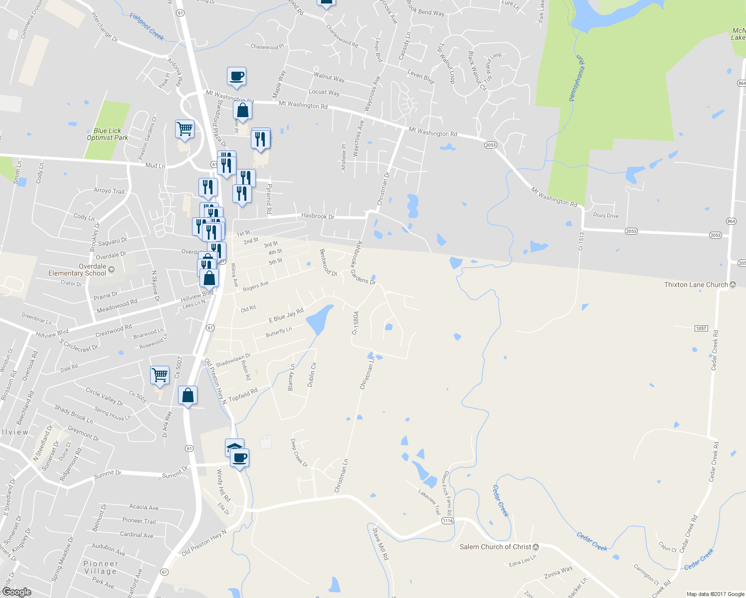 map of restaurants, bars, coffee shops, grocery stores, and more near 166 Cr-1580A in Shepherdsville
