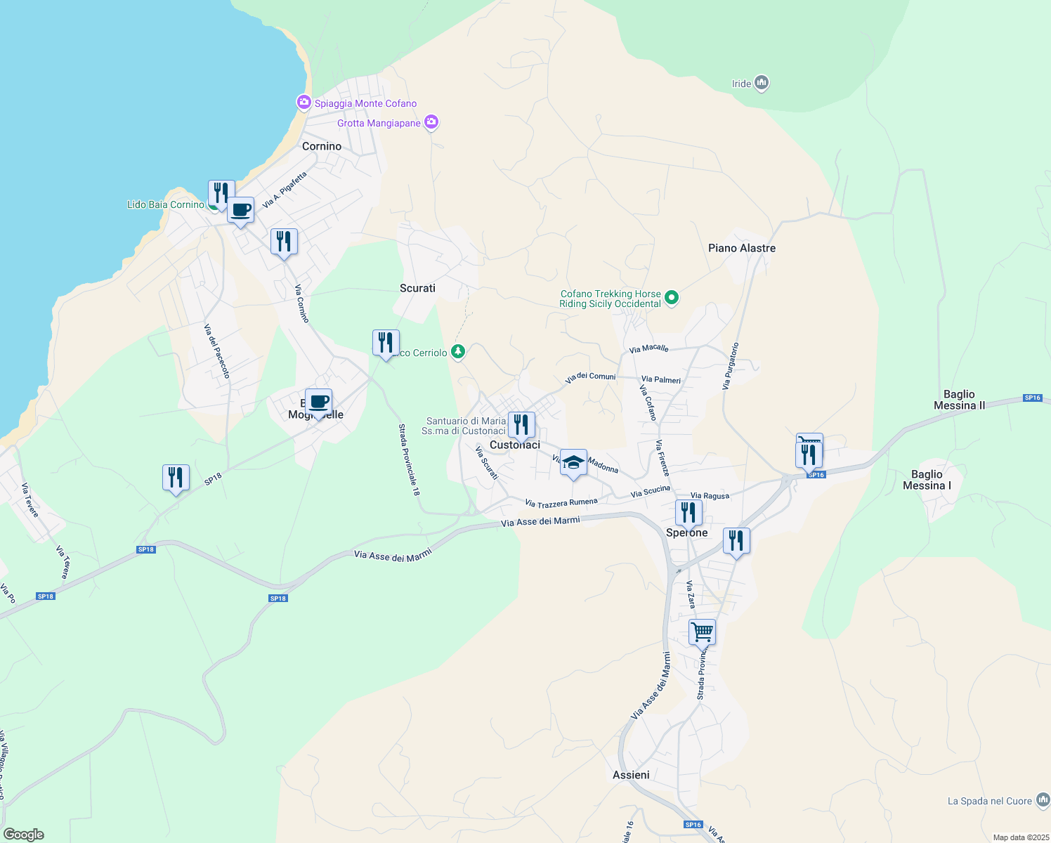 map of restaurants, bars, coffee shops, grocery stores, and more near 14 Via Giuseppe Mazzini in Custonaci