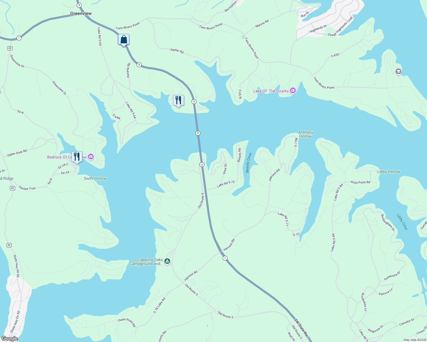 map of restaurants, bars, coffee shops, grocery stores, and more near 150 Curvy Road in Camdenton
