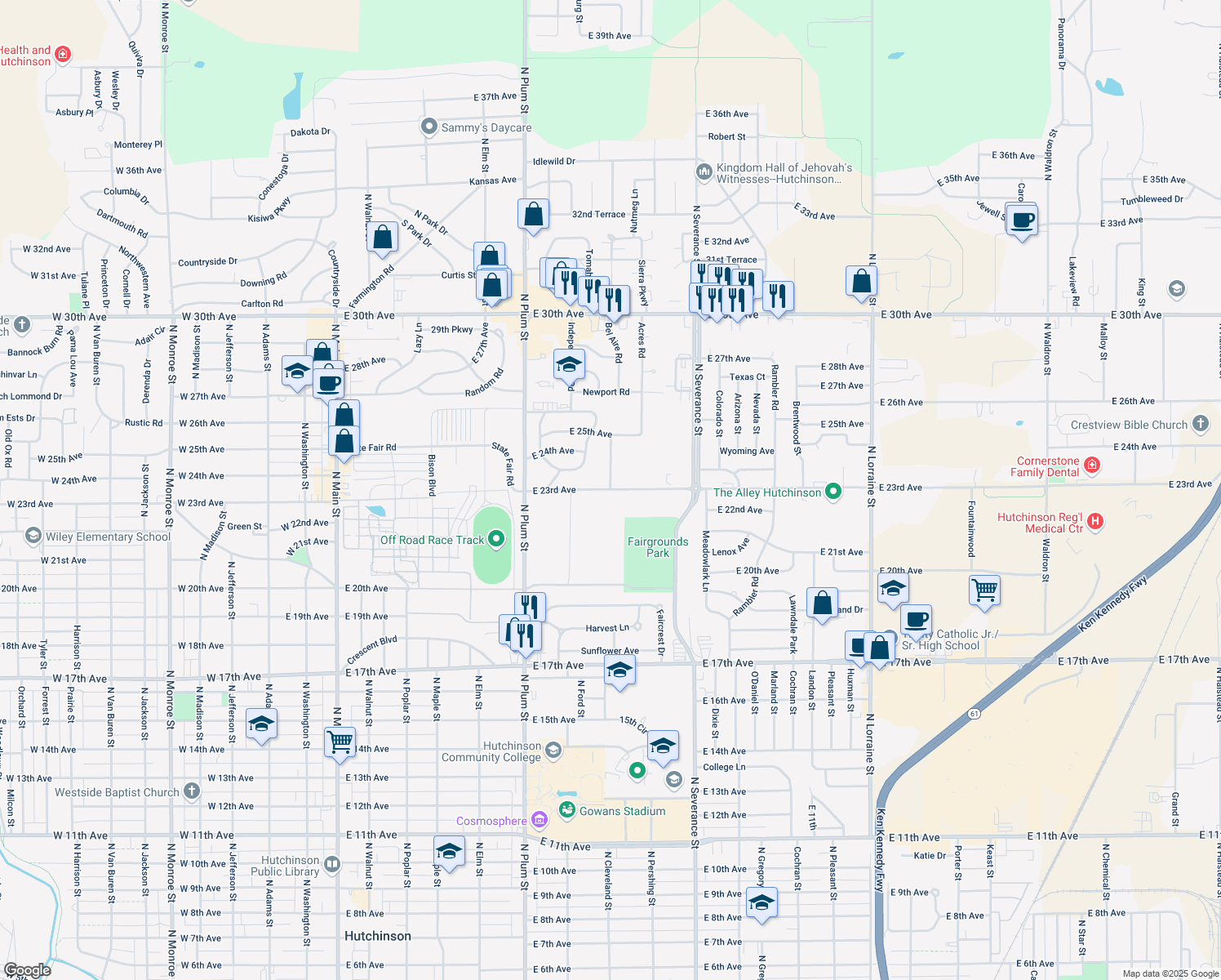 map of restaurants, bars, coffee shops, grocery stores, and more near 739 E 23rd Ave in Hutchinson