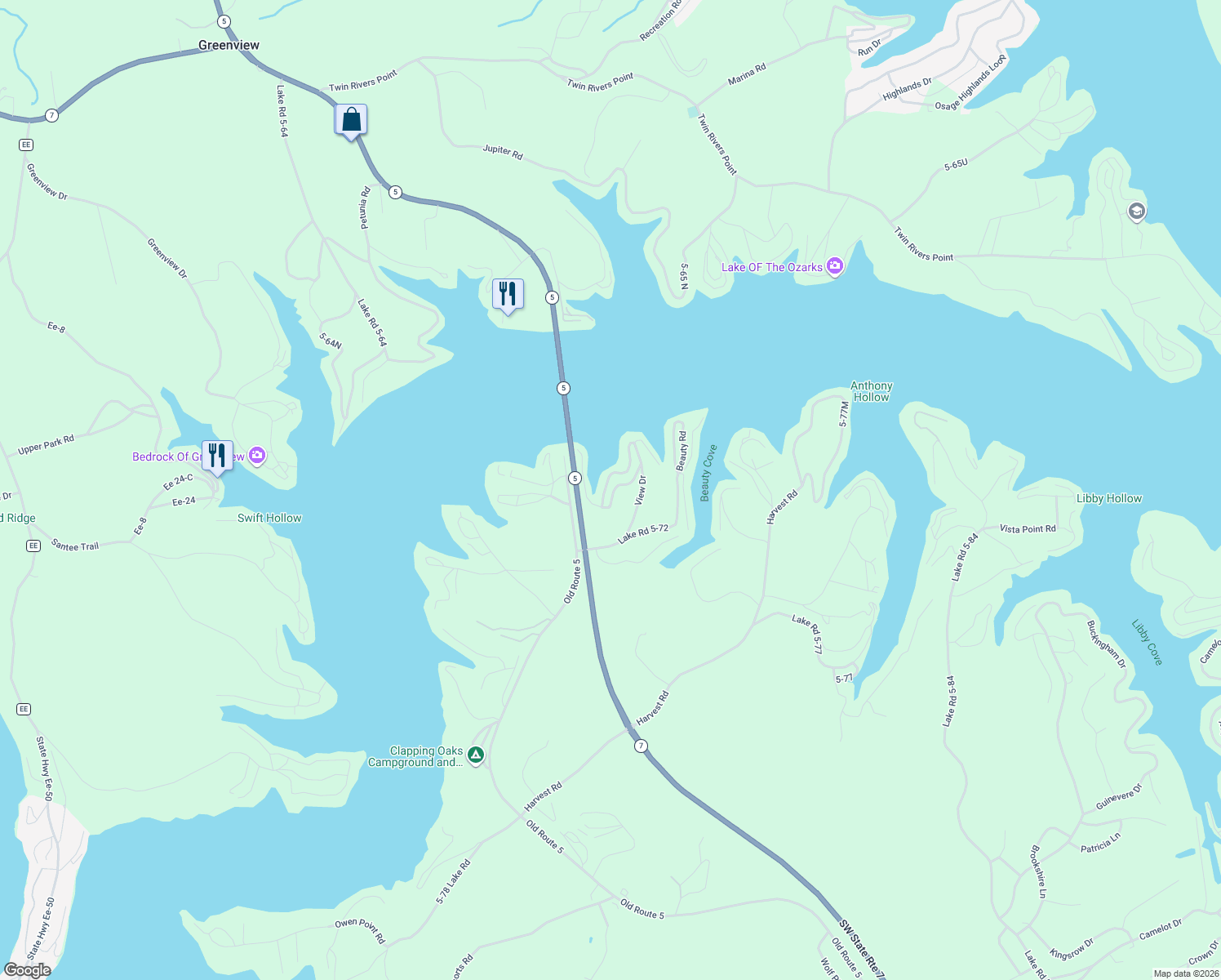 map of restaurants, bars, coffee shops, grocery stores, and more near 150 Curvy Road in Camdenton