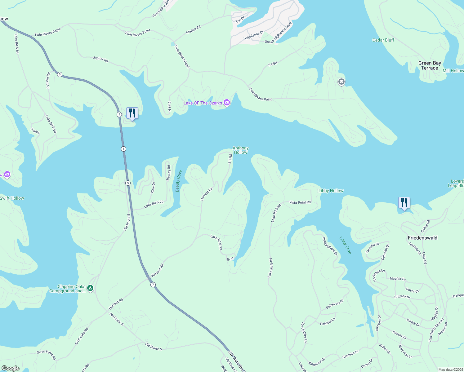 map of restaurants, bars, coffee shops, grocery stores, and more near Niangua Shores Road in Camdenton