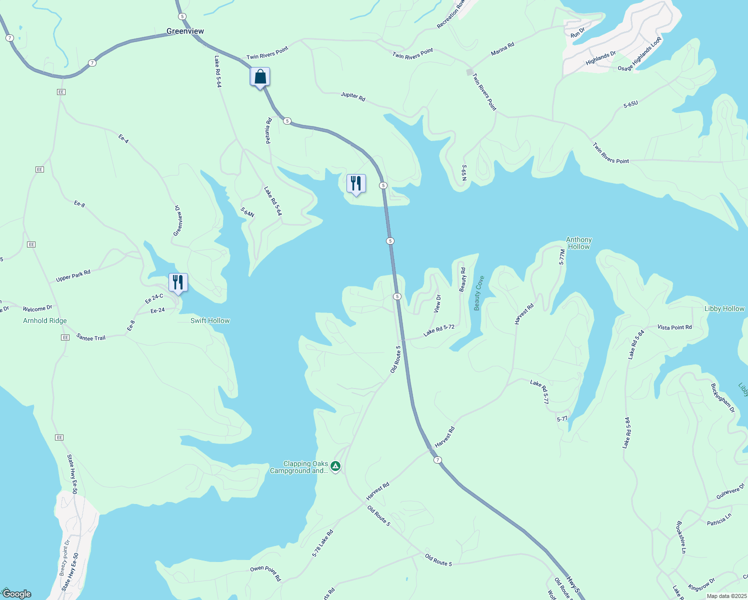 map of restaurants, bars, coffee shops, grocery stores, and more near Plaza Beach Road in Camdenton