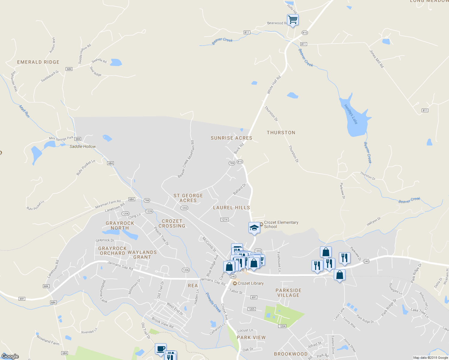 map of restaurants, bars, coffee shops, grocery stores, and more near 1641 Buck Road in Crozet